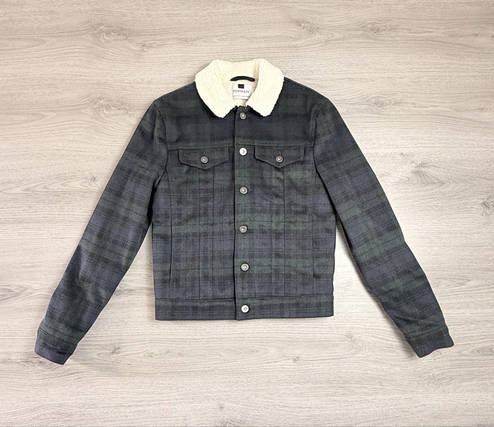 Topman Dark Green & Black Check Sherpa Collar Jacket XXXS (01694)