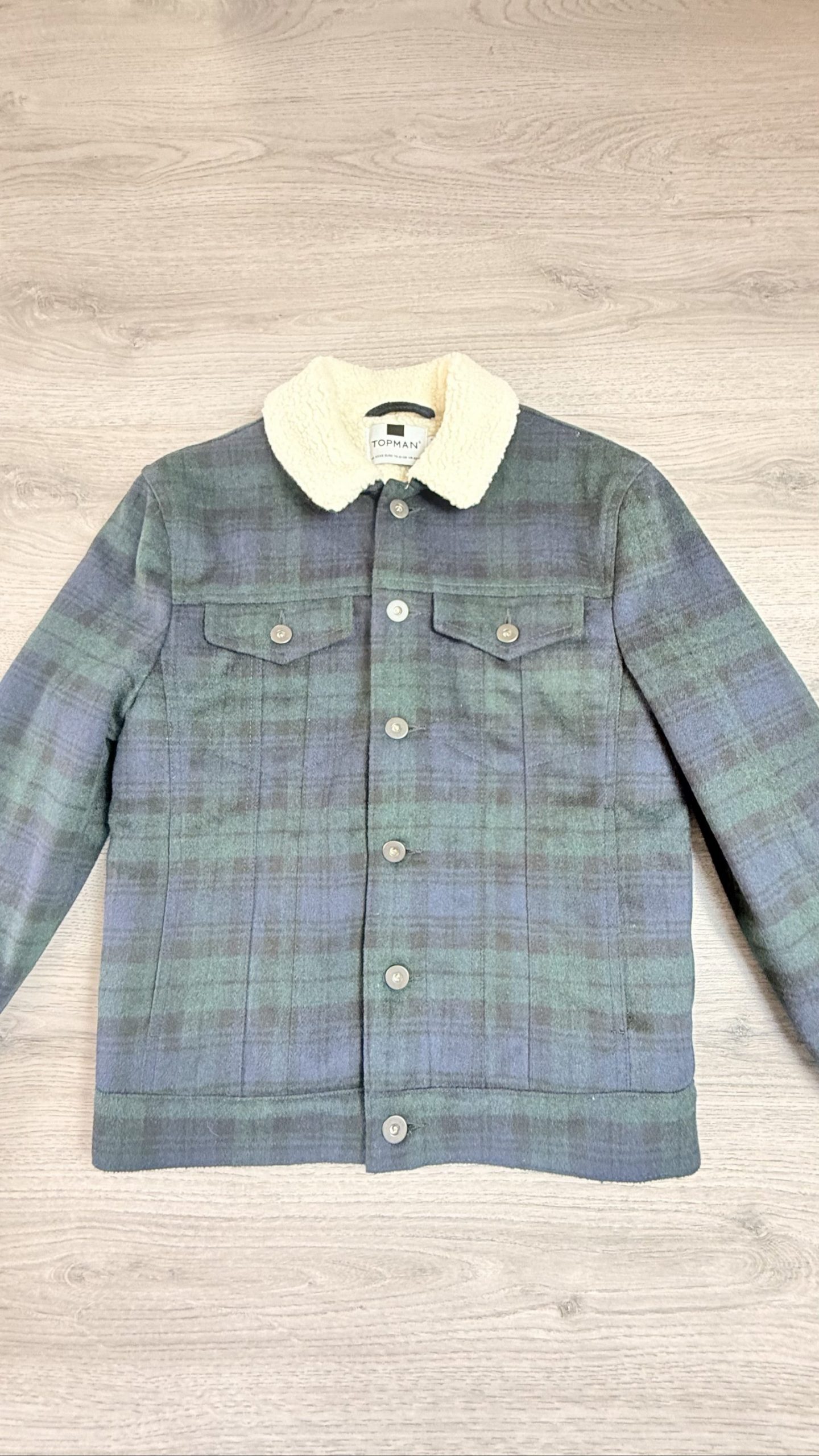 Topman Dark Green & Black Check Sherpa Collar Jacket XXXS (01694) image 2