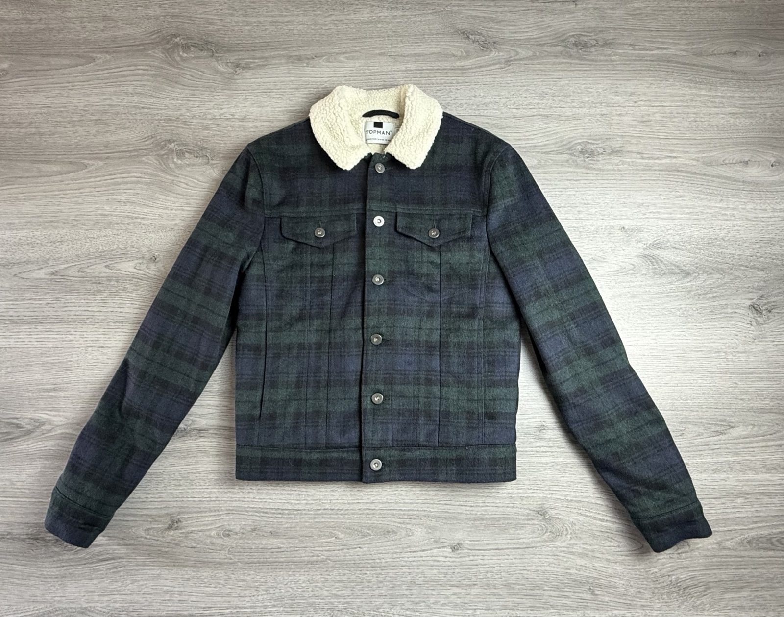 Topman Dark Green & Black Check Sherpa Collar Jacket XXXS (01694) image 3