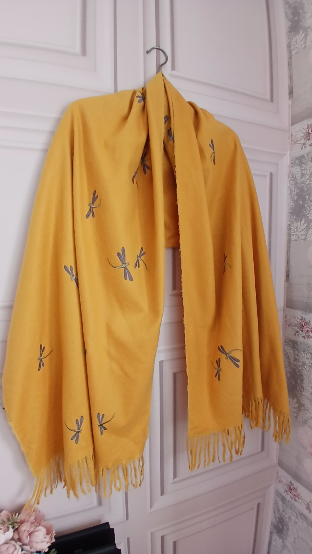 Jayley Yellow Silk Cashmere Cotton Dragonfly Pashmina
