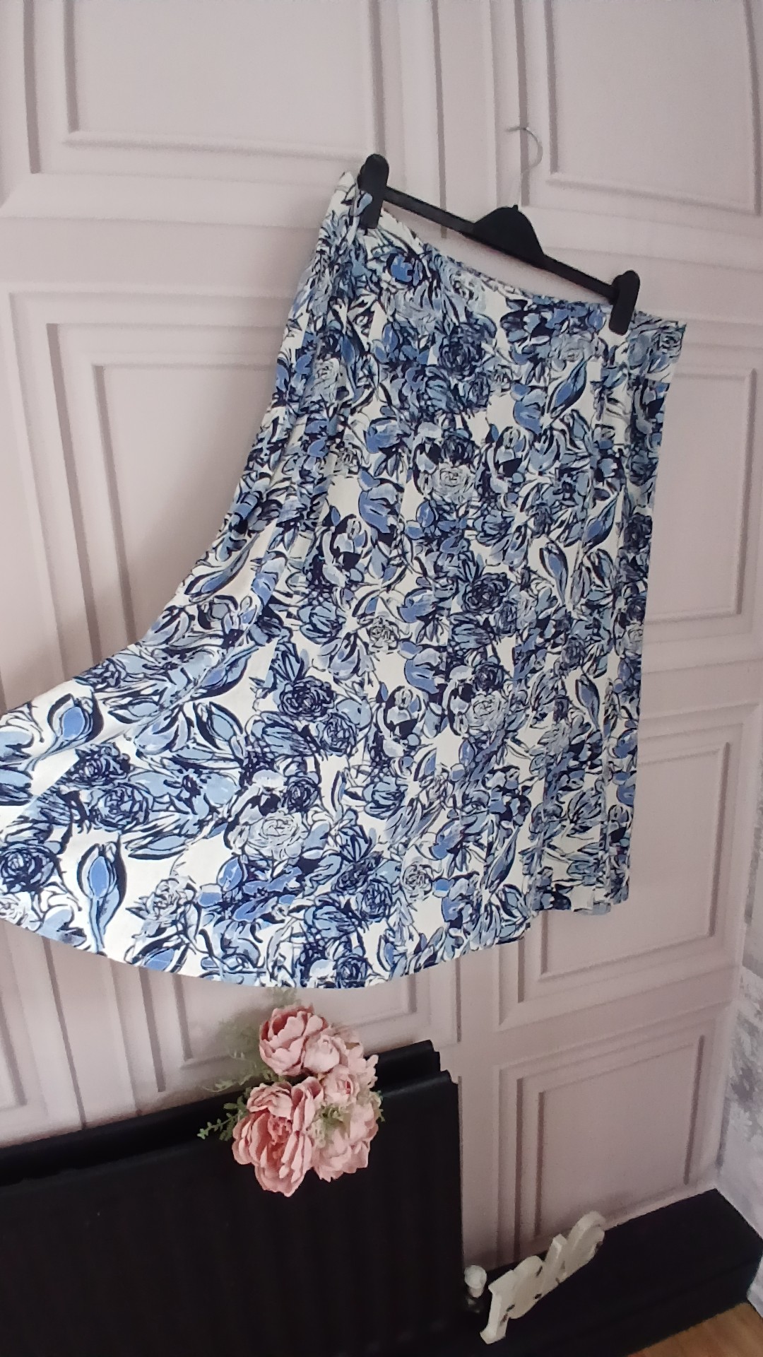 EWM Vintage Linen Feel Blue & White Floral Skirt UK 22