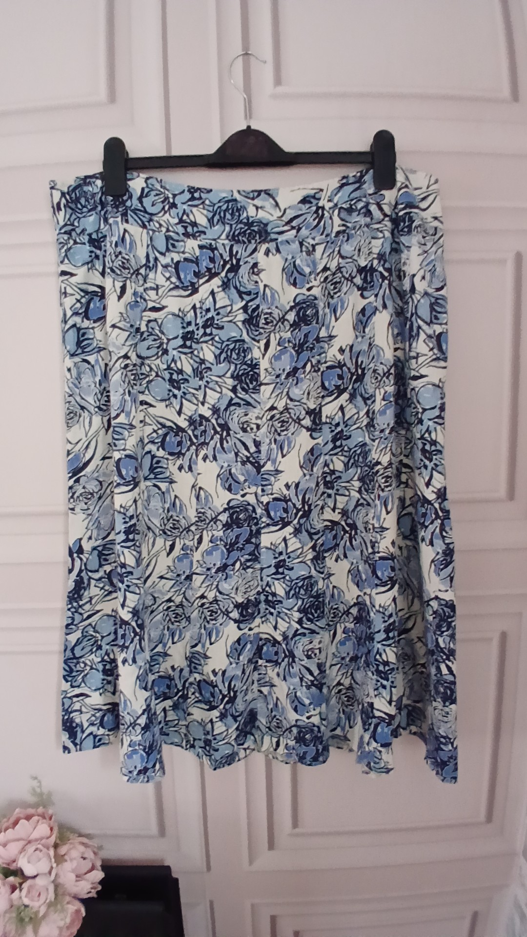 EWM Vintage Linen Feel Blue & White Floral Skirt UK 22 image 2