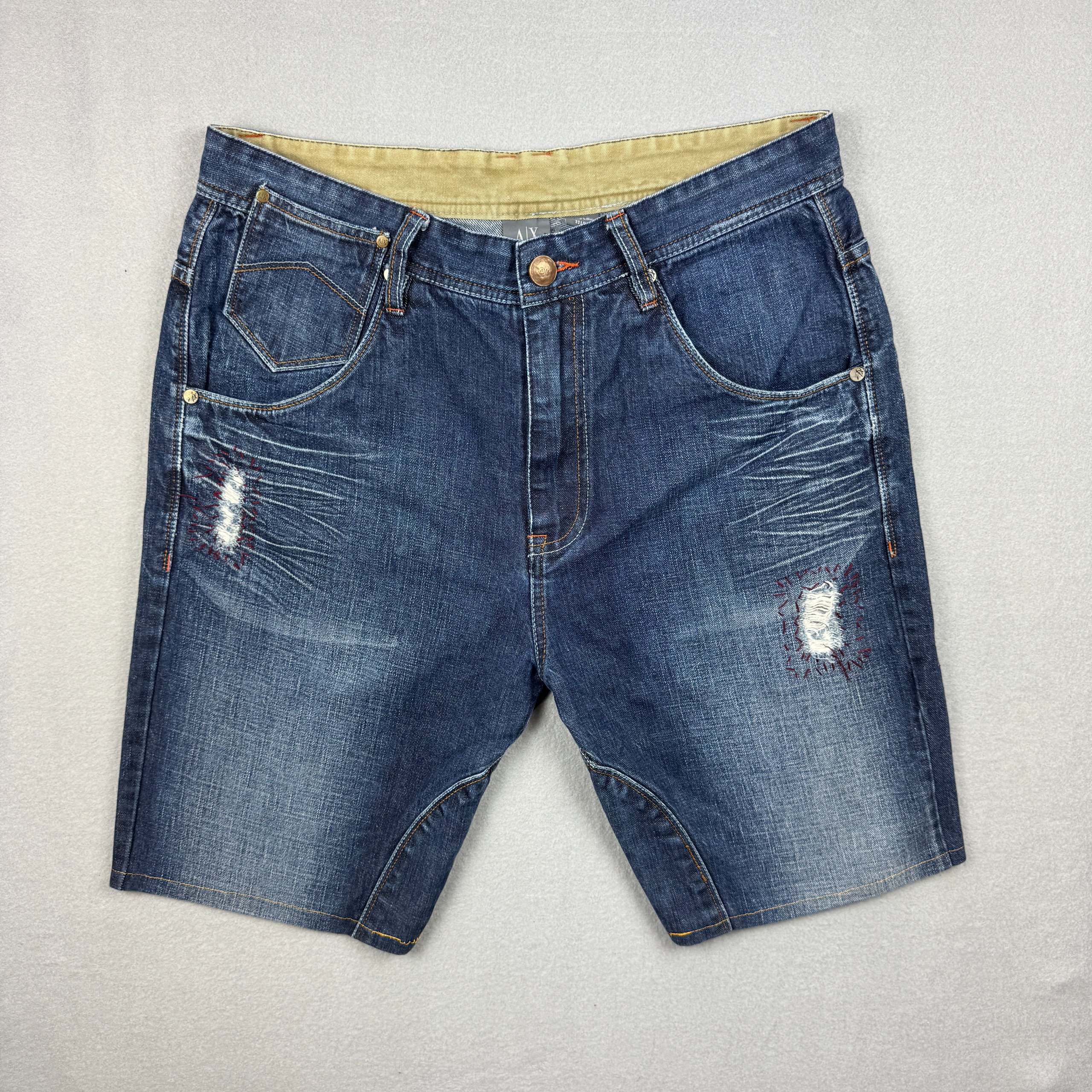 Men`s Armani Exchange Blue Denim Shorts Distressed Detail Size 33 Long image 2