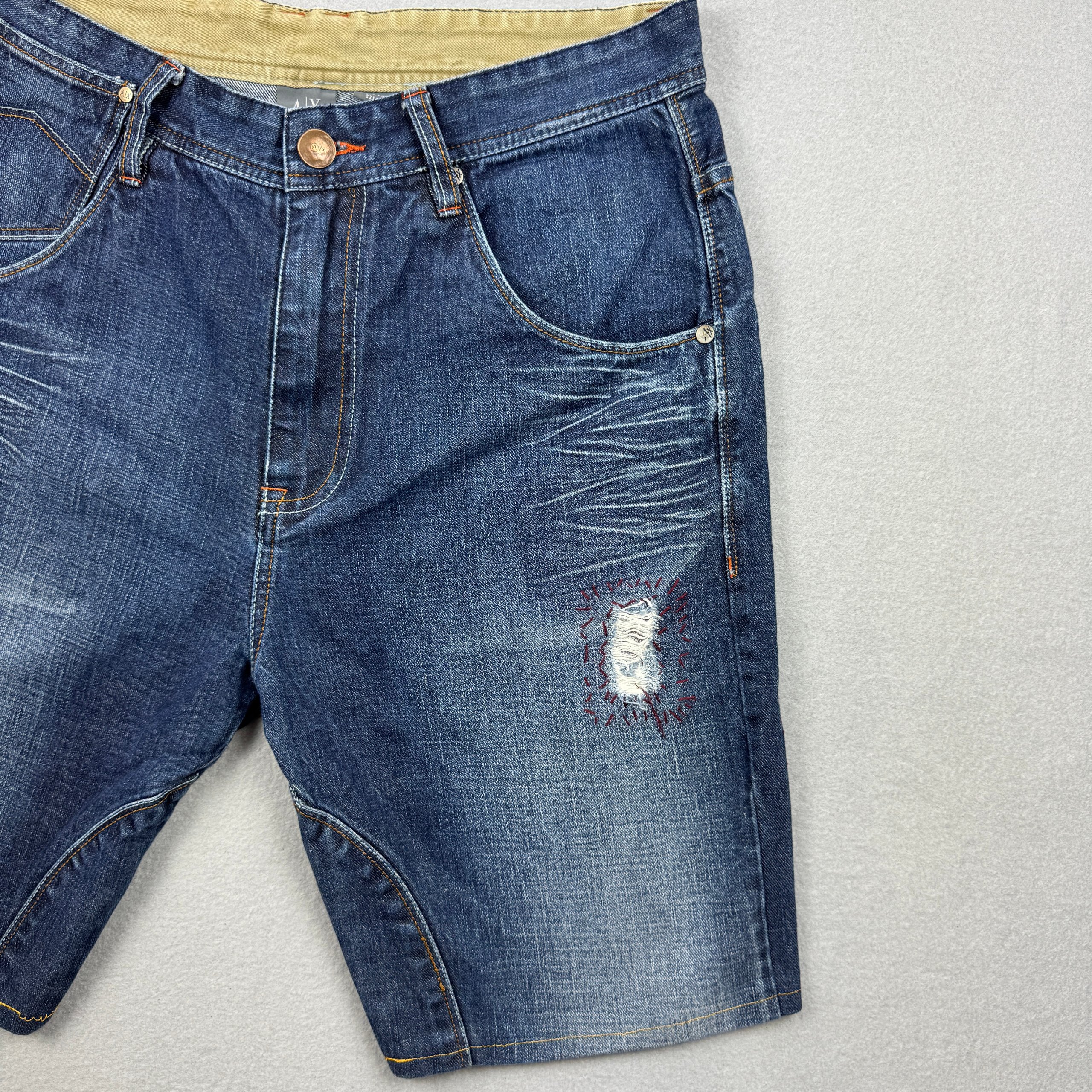 Men`s Armani Exchange Blue Denim Shorts Distressed Detail Size 33 Long image 3