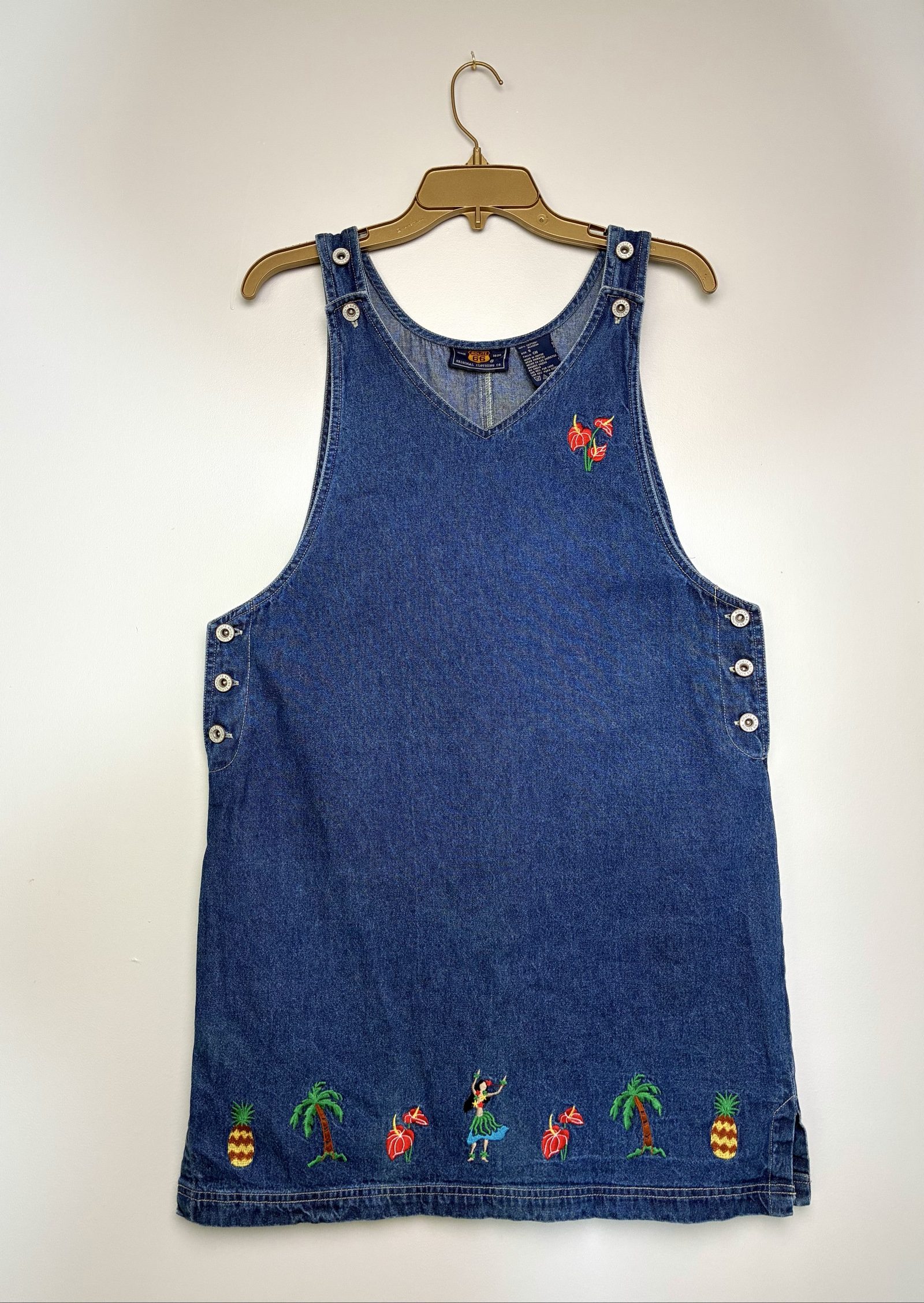 VTG 90s Route 66 Embroidered Denim Jumper Dress Size Small