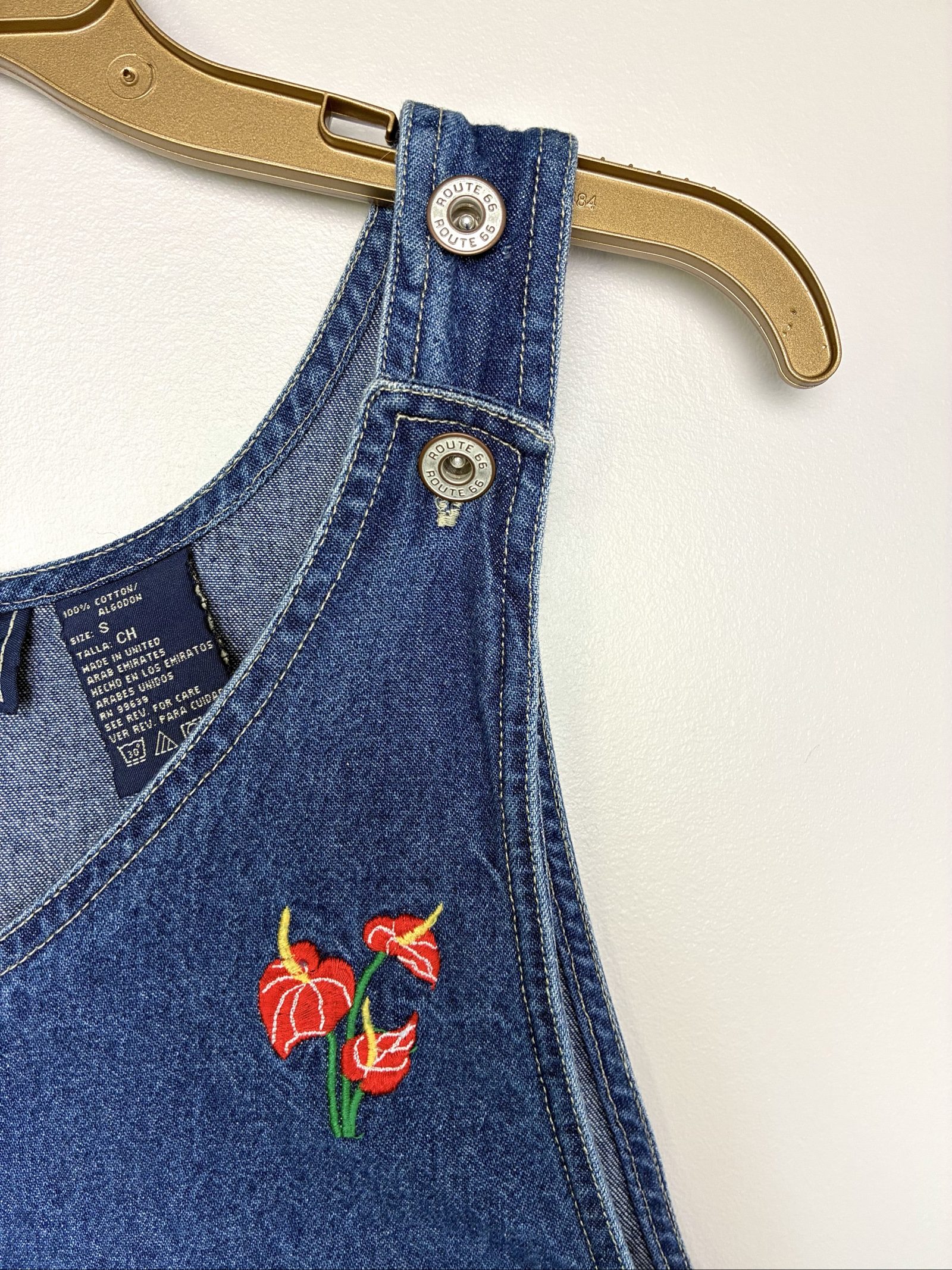 VTG 90s Route 66 Embroidered Denim Jumper Dress Size Small image 3