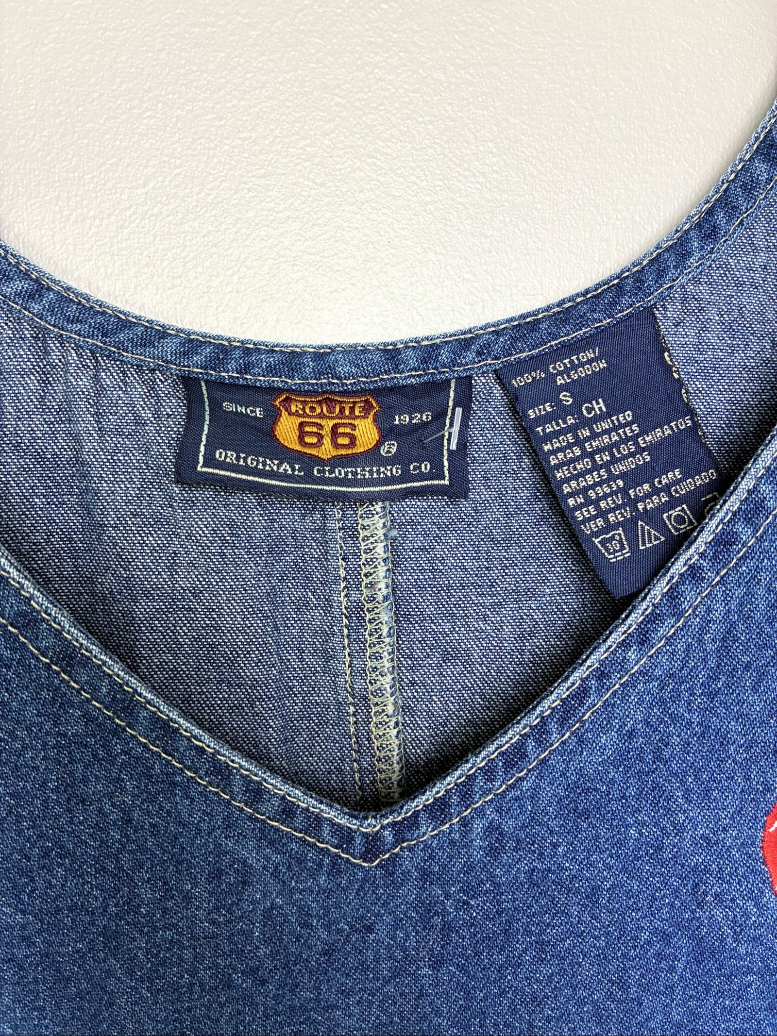VTG 90s Route 66 Embroidered Denim Jumper Dress Size Small image 4