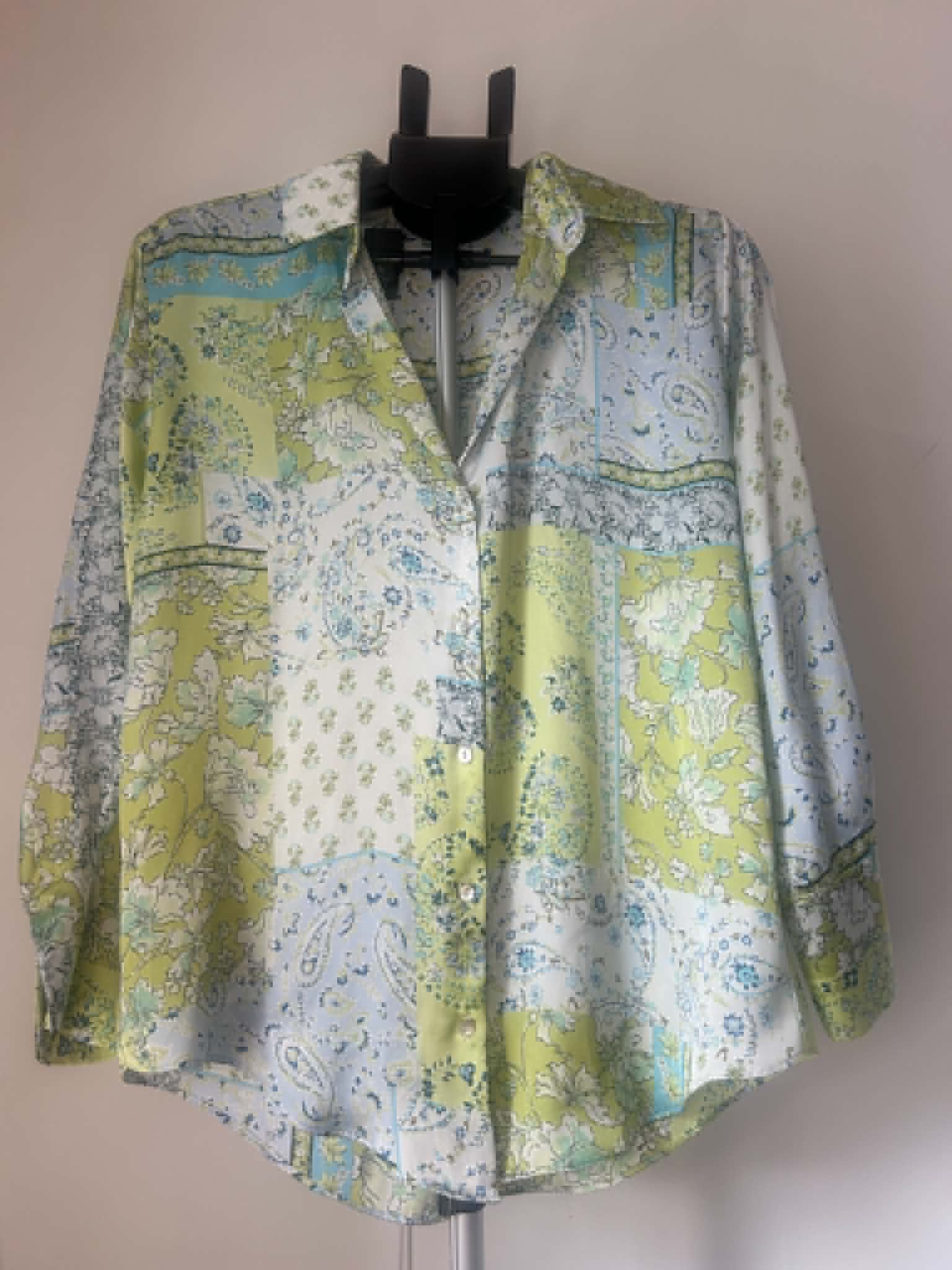 Zara Women's Green & Blue Floral paisley Patchwork Shirt Medium