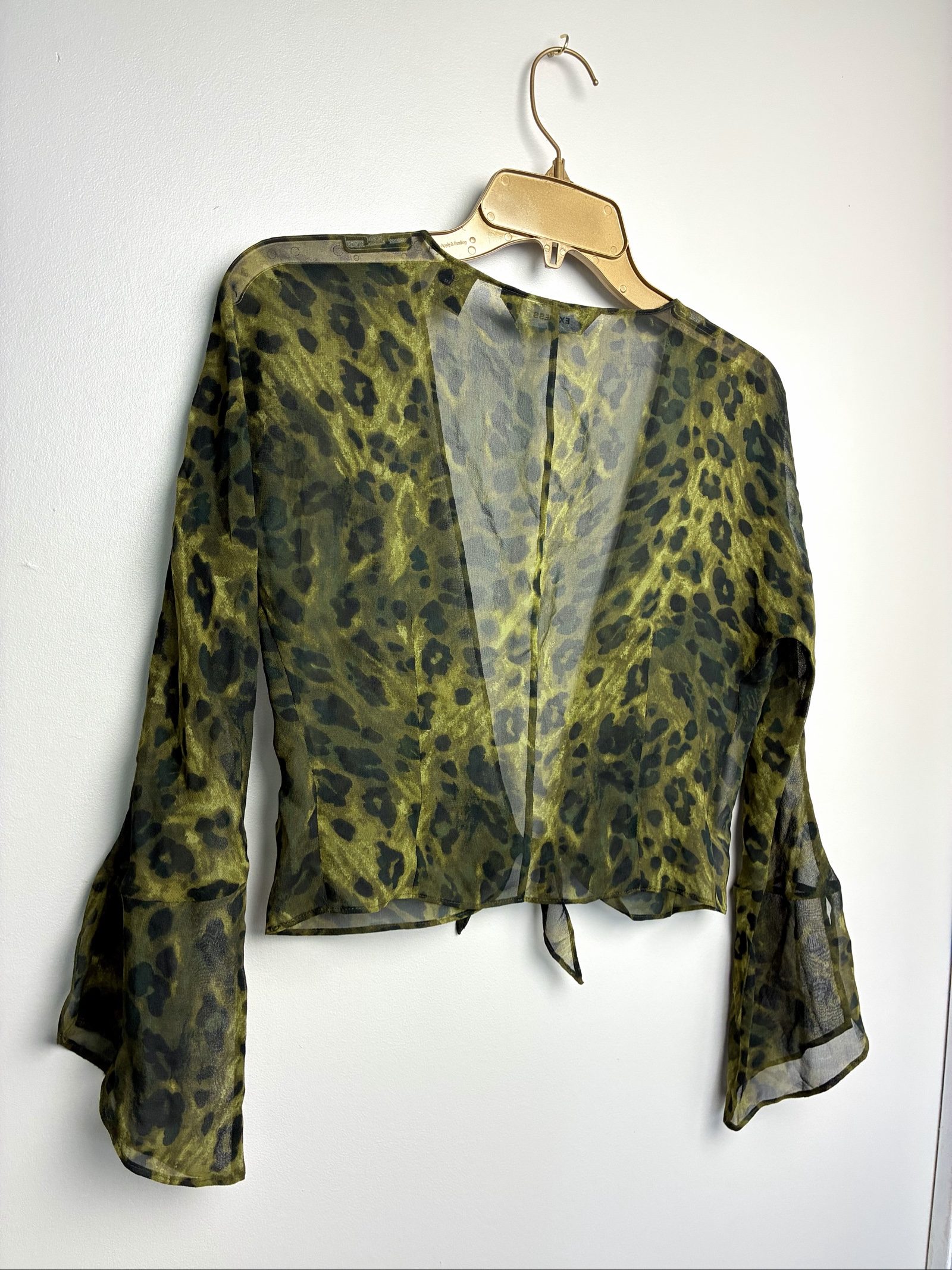 Vintage Y2K Express 100% Silk Leopard Crop Top Bell Sleeve Tie Front Green 3/4 image 5