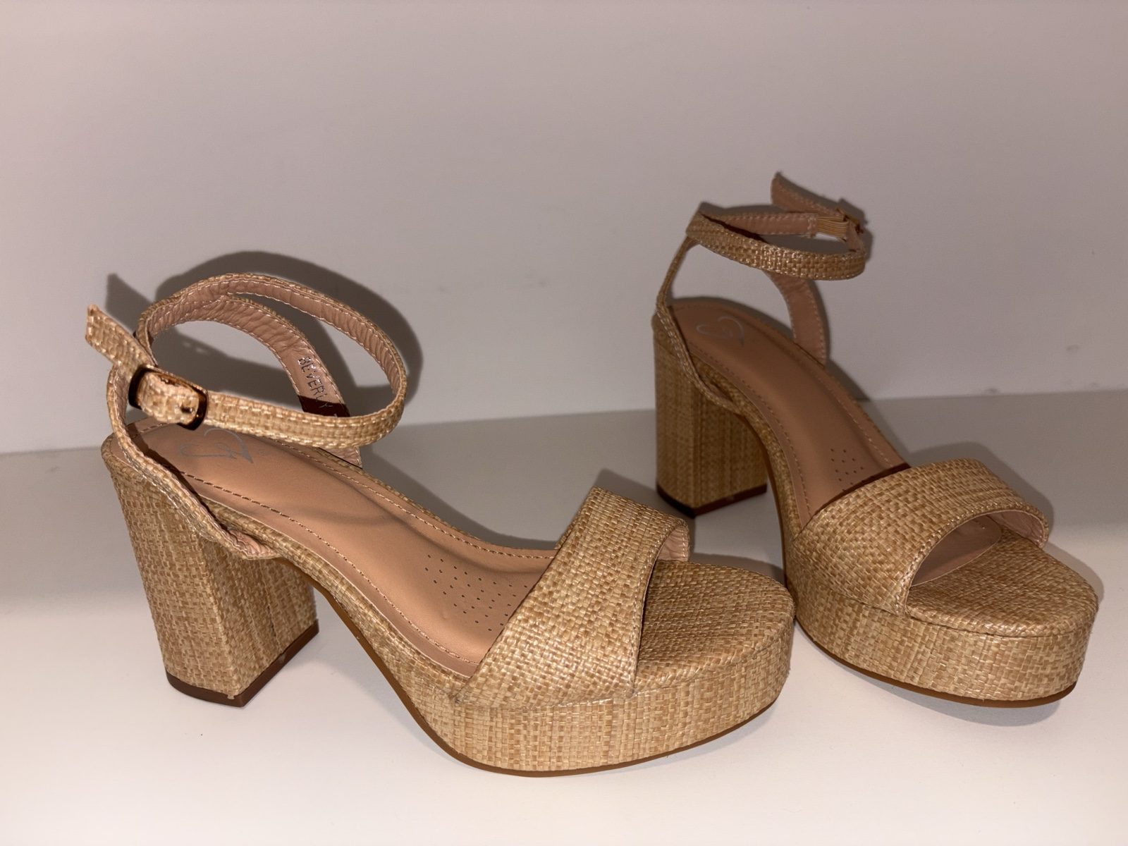 Qupid Natural Beige Platform Block Heel Sandals US 7 Women image 2