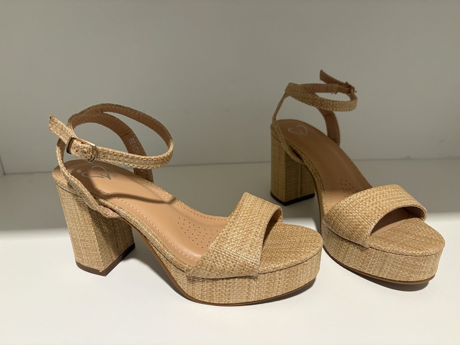 Qupid Natural Beige Platform Block Heel Sandals US 7 Women image 3