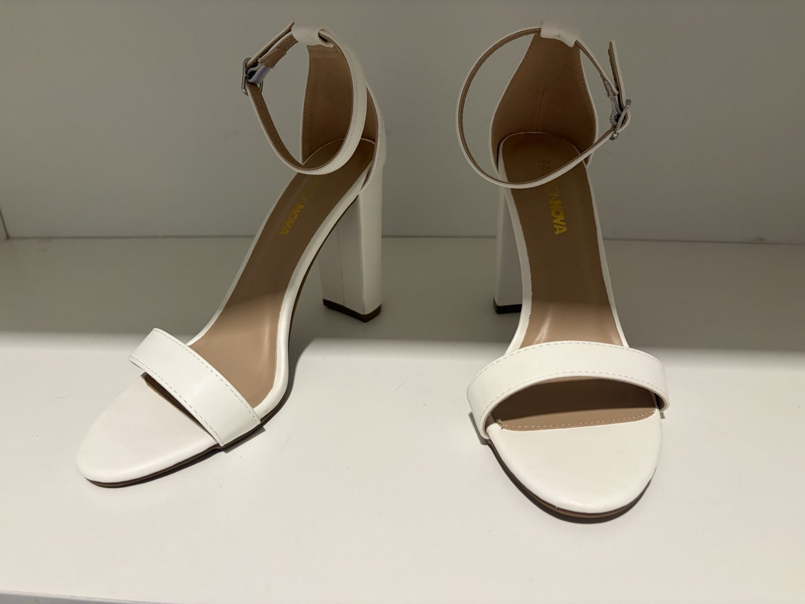 White Ankle Strap Block Heel Sandals
