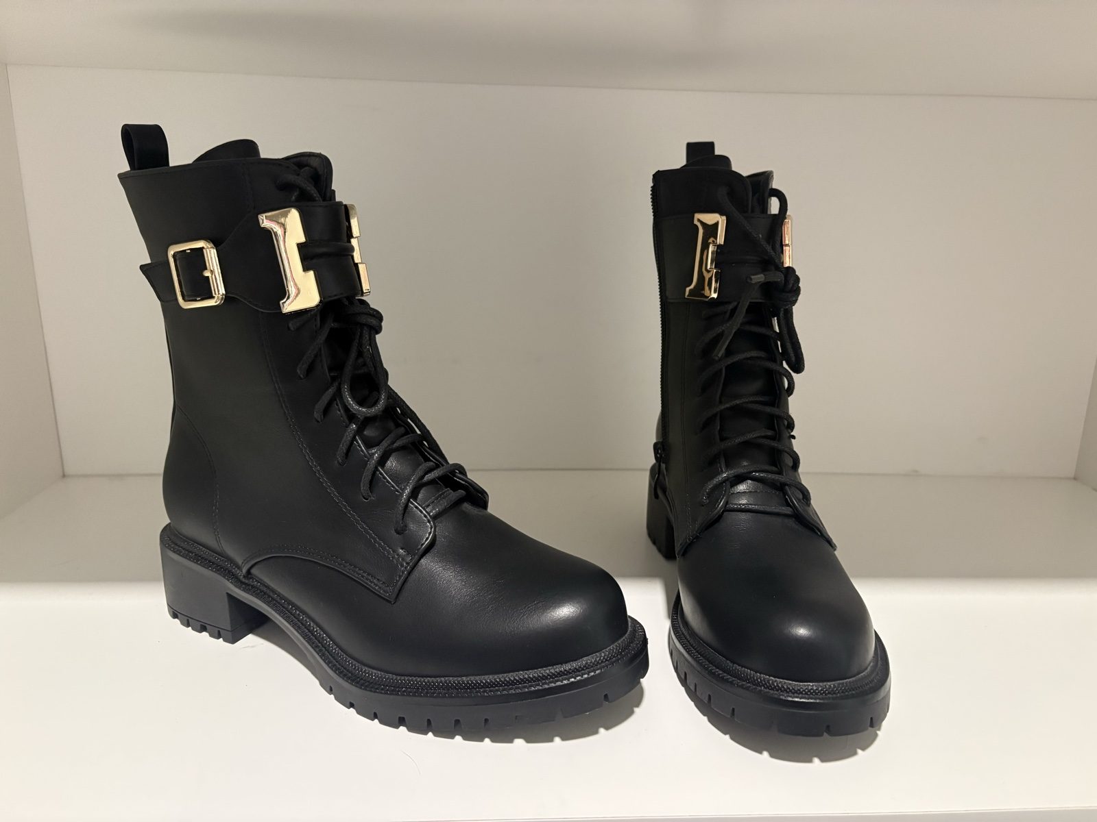Black Leather Lace-Up Ankle Boots Gold Buckle Women US 7 image 2