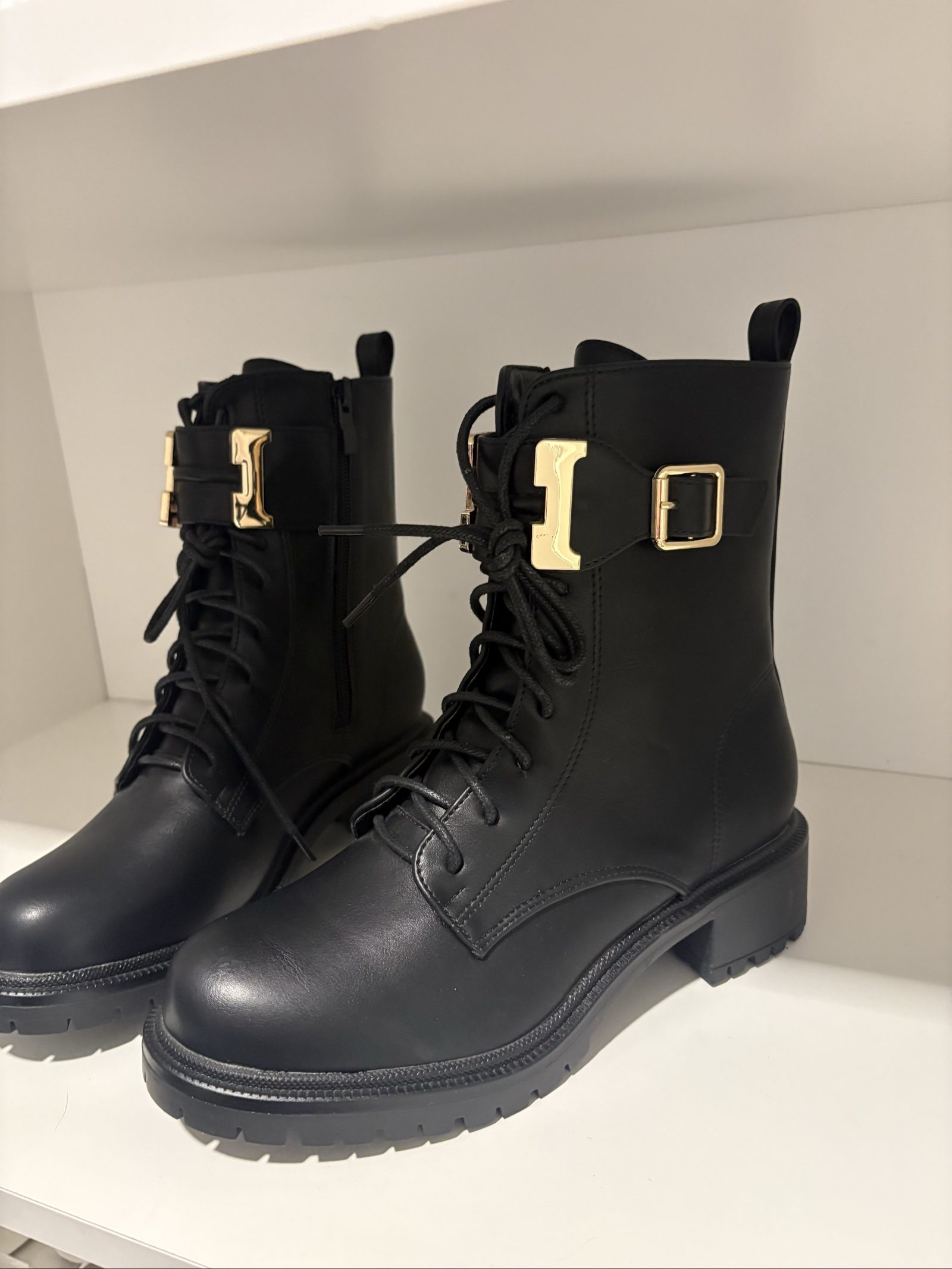Black Leather Lace-Up Ankle Boots Gold Buckle Women US 7 image 3