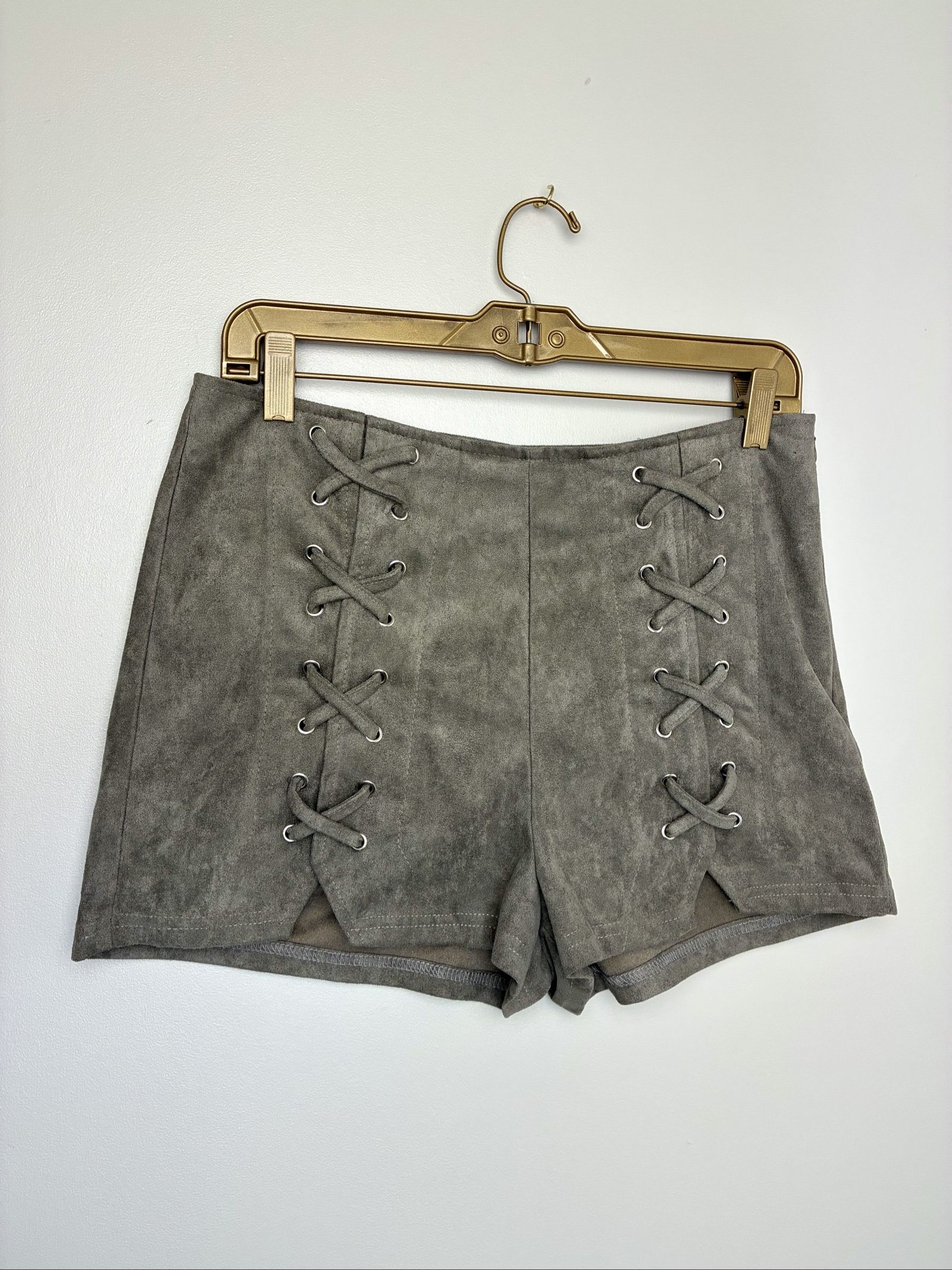 She + Sky Y2K Inspired Faux Suede Lace Up Shorts Gray Green Size M
