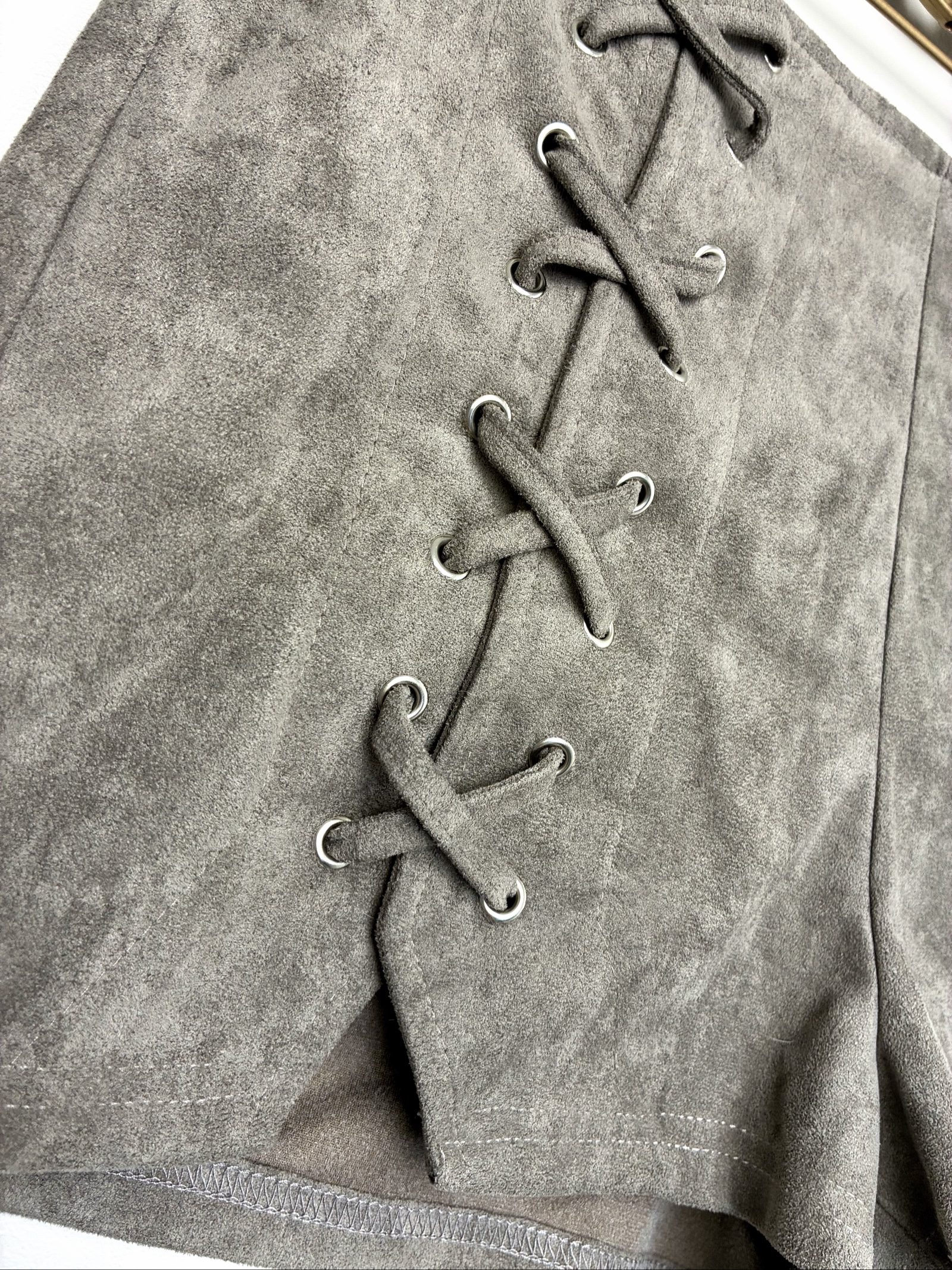 She + Sky Y2K Inspired Faux Suede Lace Up Shorts Gray Green Size M image 3