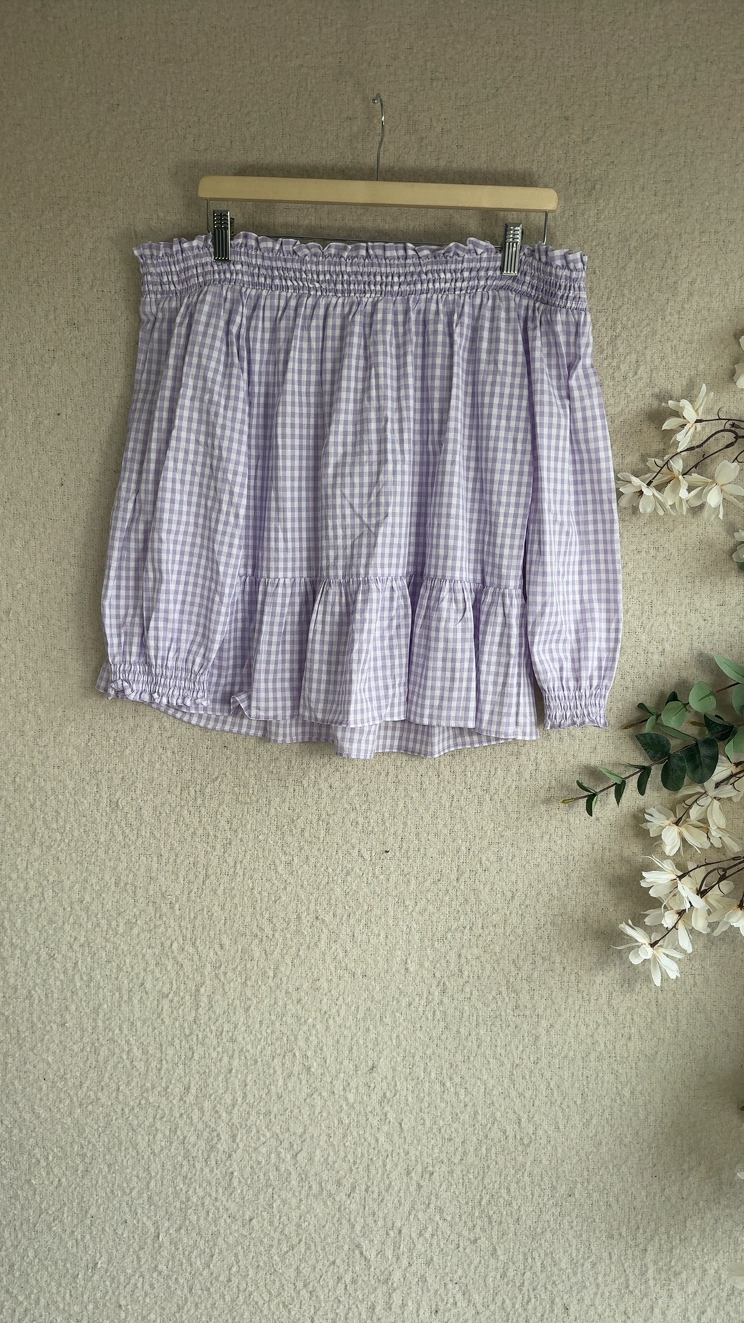 Papaya Lilac & White Checked Off Shoulder Top UK 14 Cotton Casual Summer