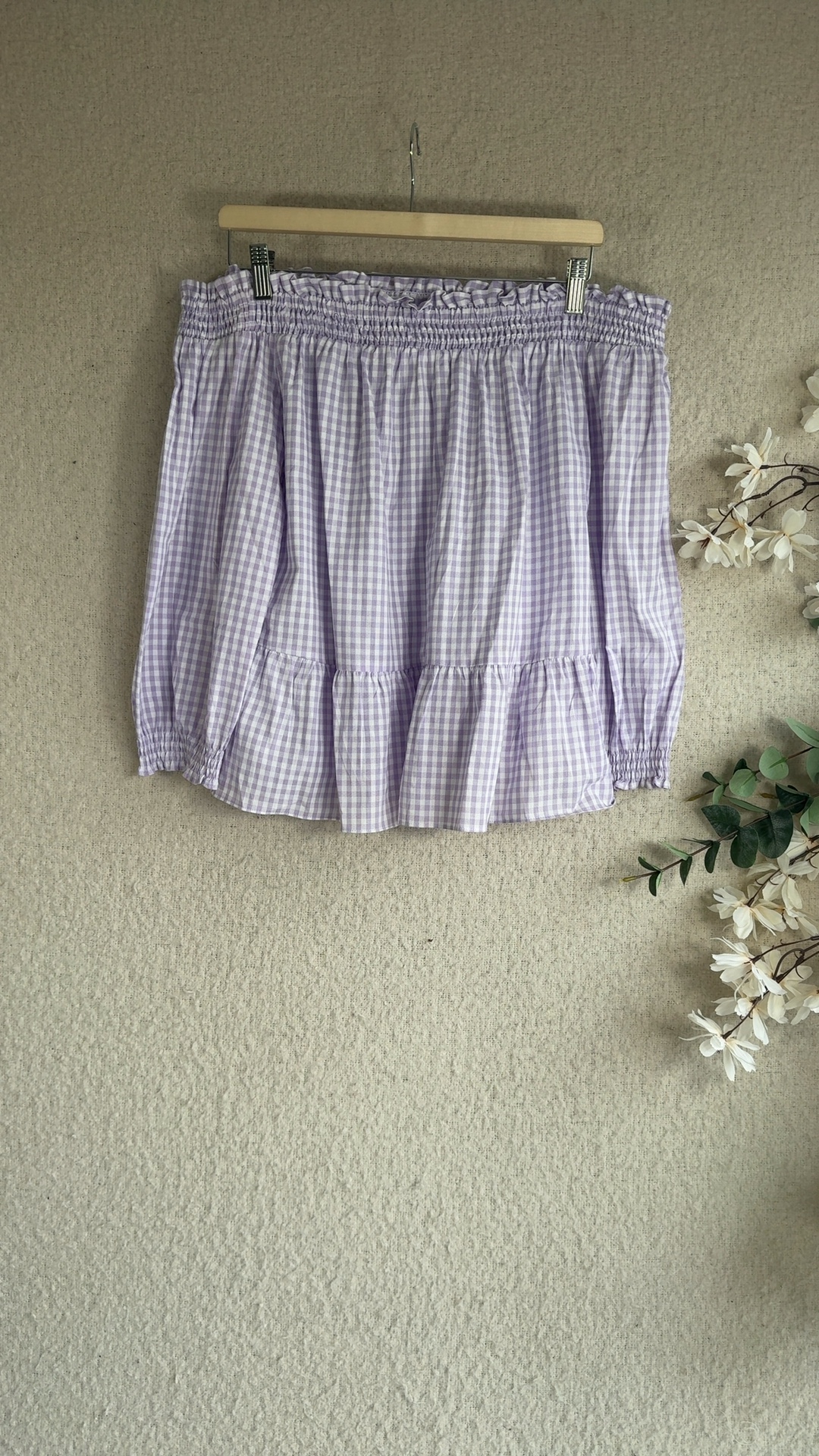 Papaya Lilac & White Checked Off Shoulder Top UK 14 Cotton Casual Summer image 4