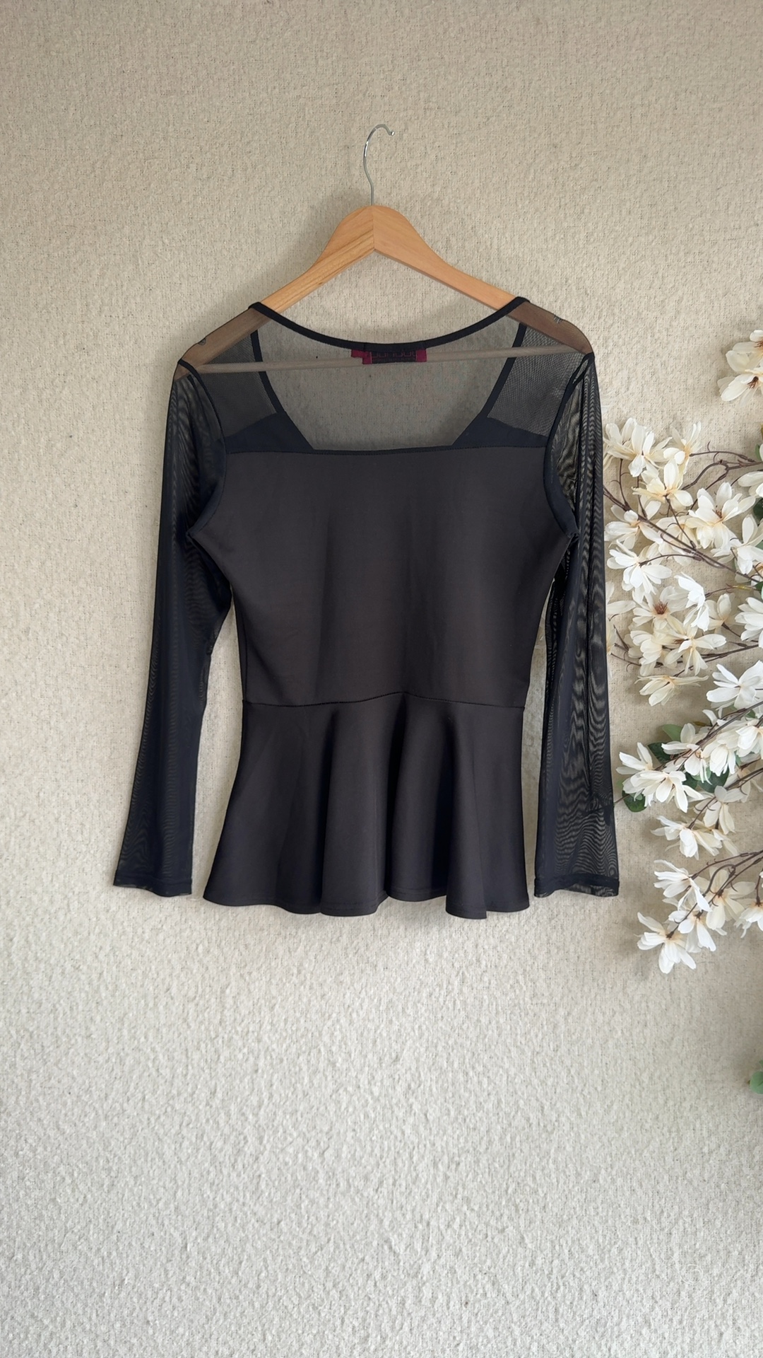Boohoo Black Mesh Sleeve Peplum Top UK 14 Stylish Evening Casual image 4