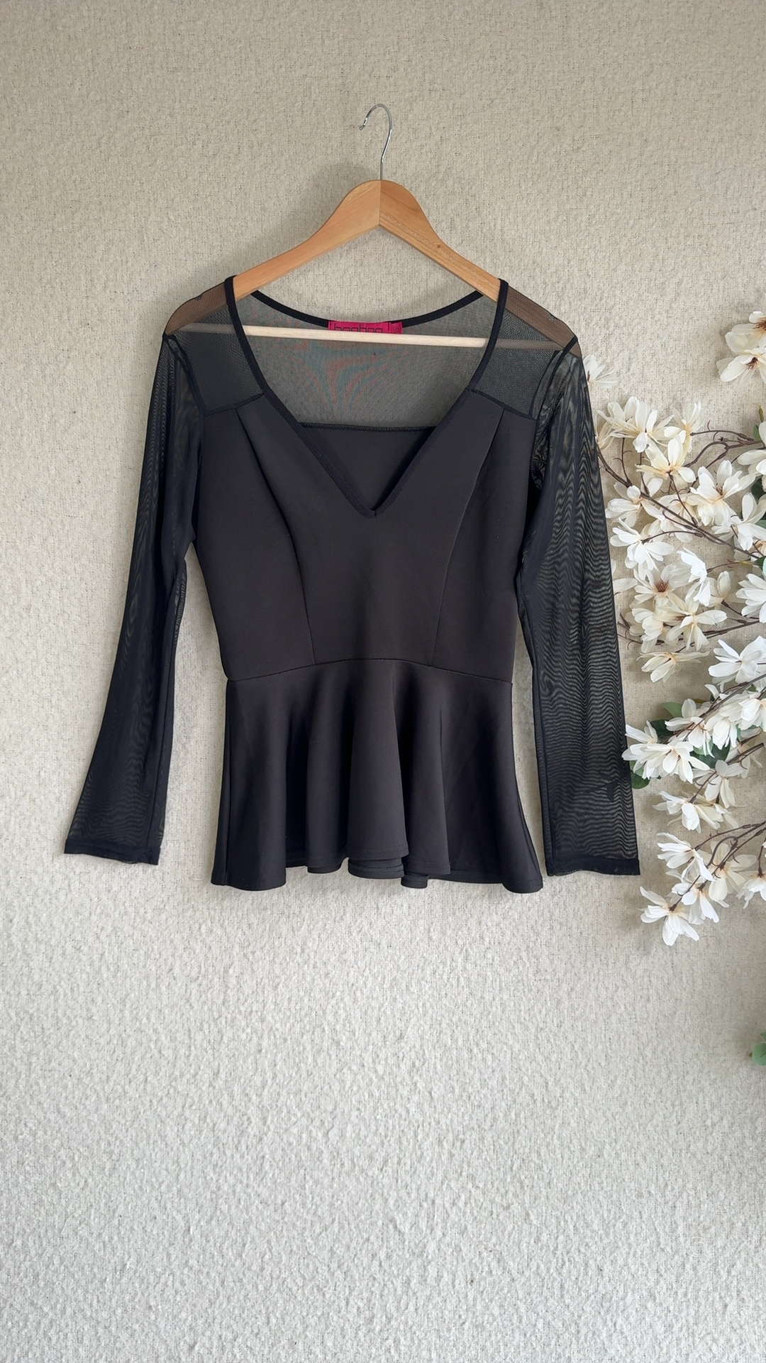 Boohoo Black Mesh Sleeve Peplum Top UK 14 Stylish Evening Casual
