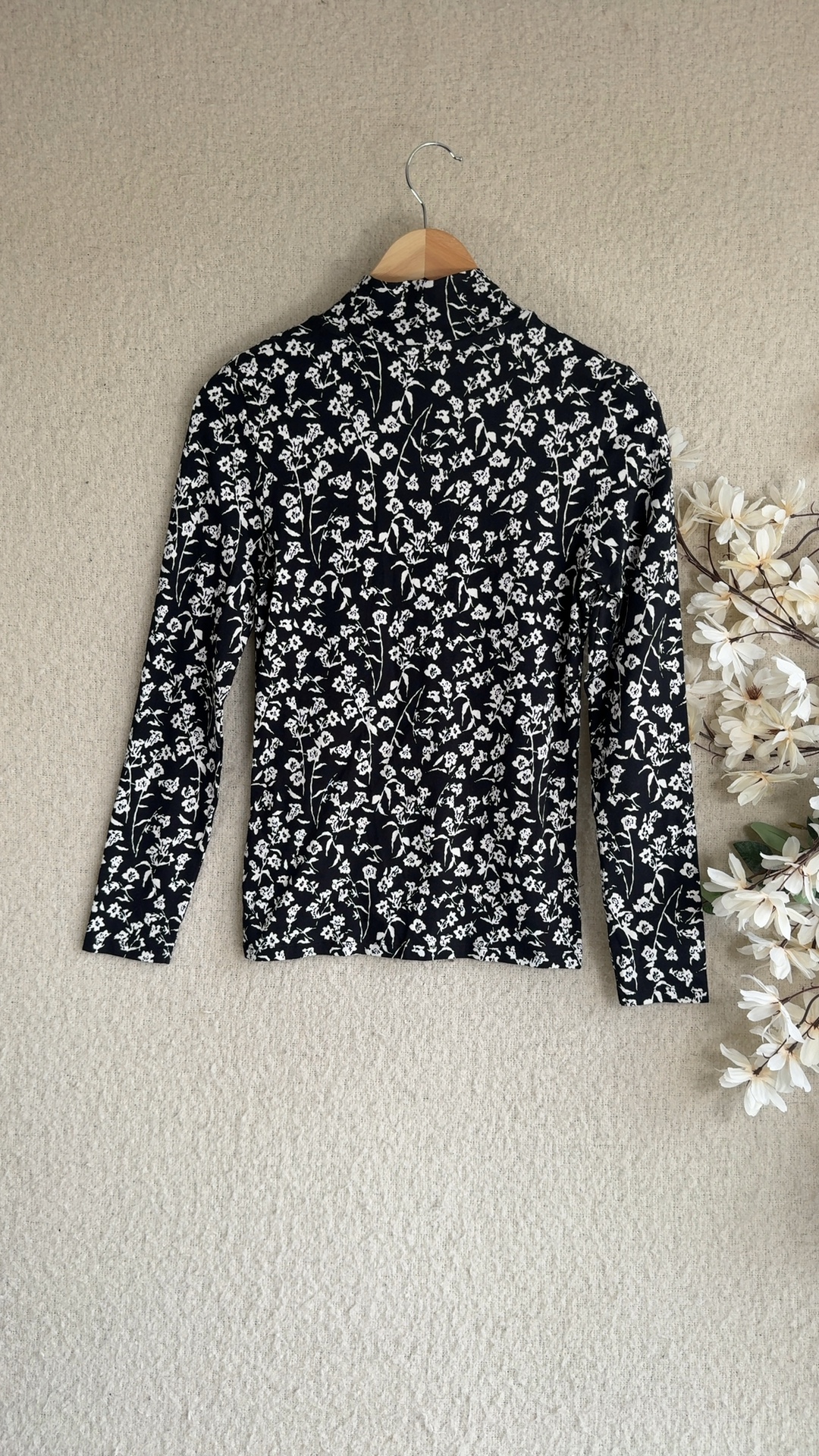 M&S Black & White Floral Print Long Sleeve Top UK 8 Cotton Blend image 4