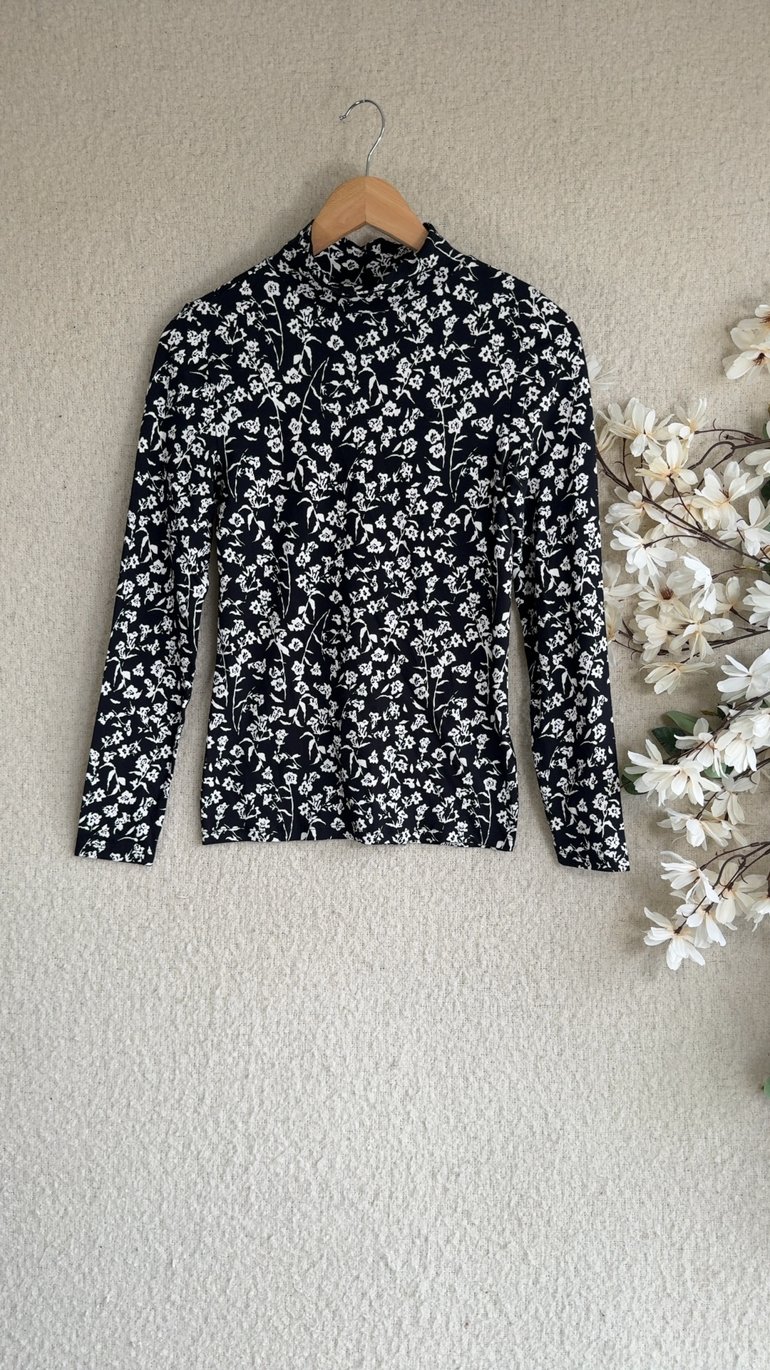 M&S Black & White Floral Print Long Sleeve Top UK 8 Cotton Blend