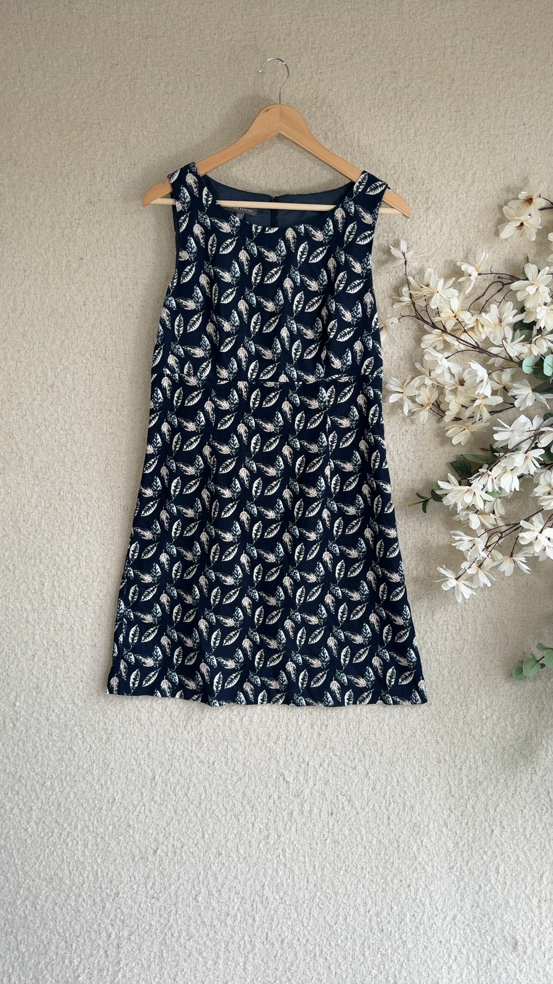 Laura Ashley Navy & White Leaf Print Cotton Shift Dress UK 12 Sleeveless Classic