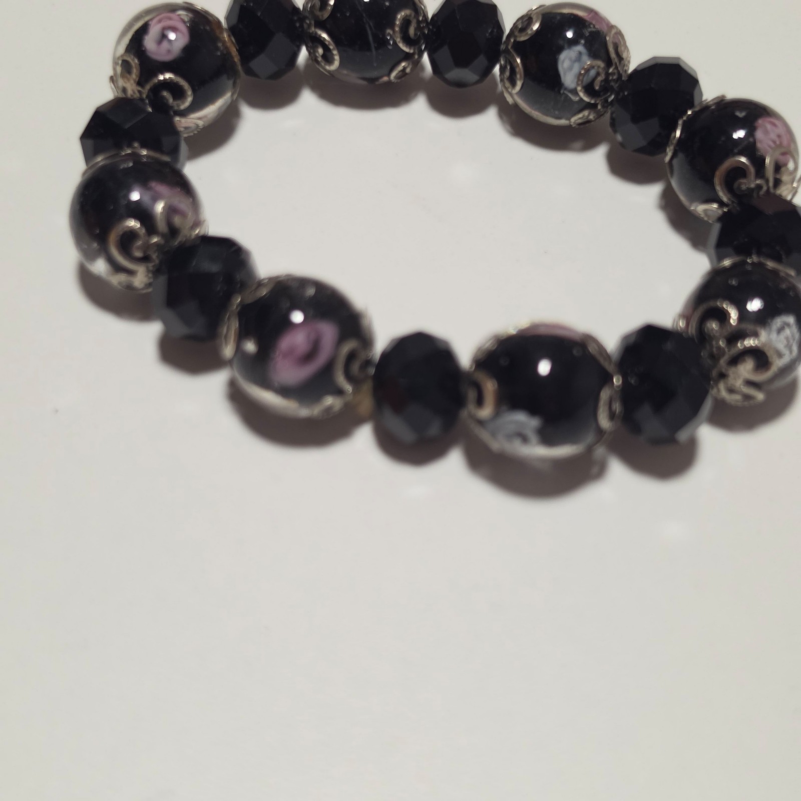 Black & Pink Floral Beaded Bracelet Elastic.b6 image 2