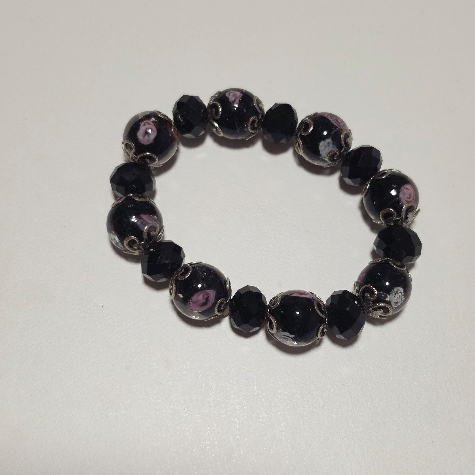 Black & Pink Floral Beaded Bracelet Elastic.b6 image 3