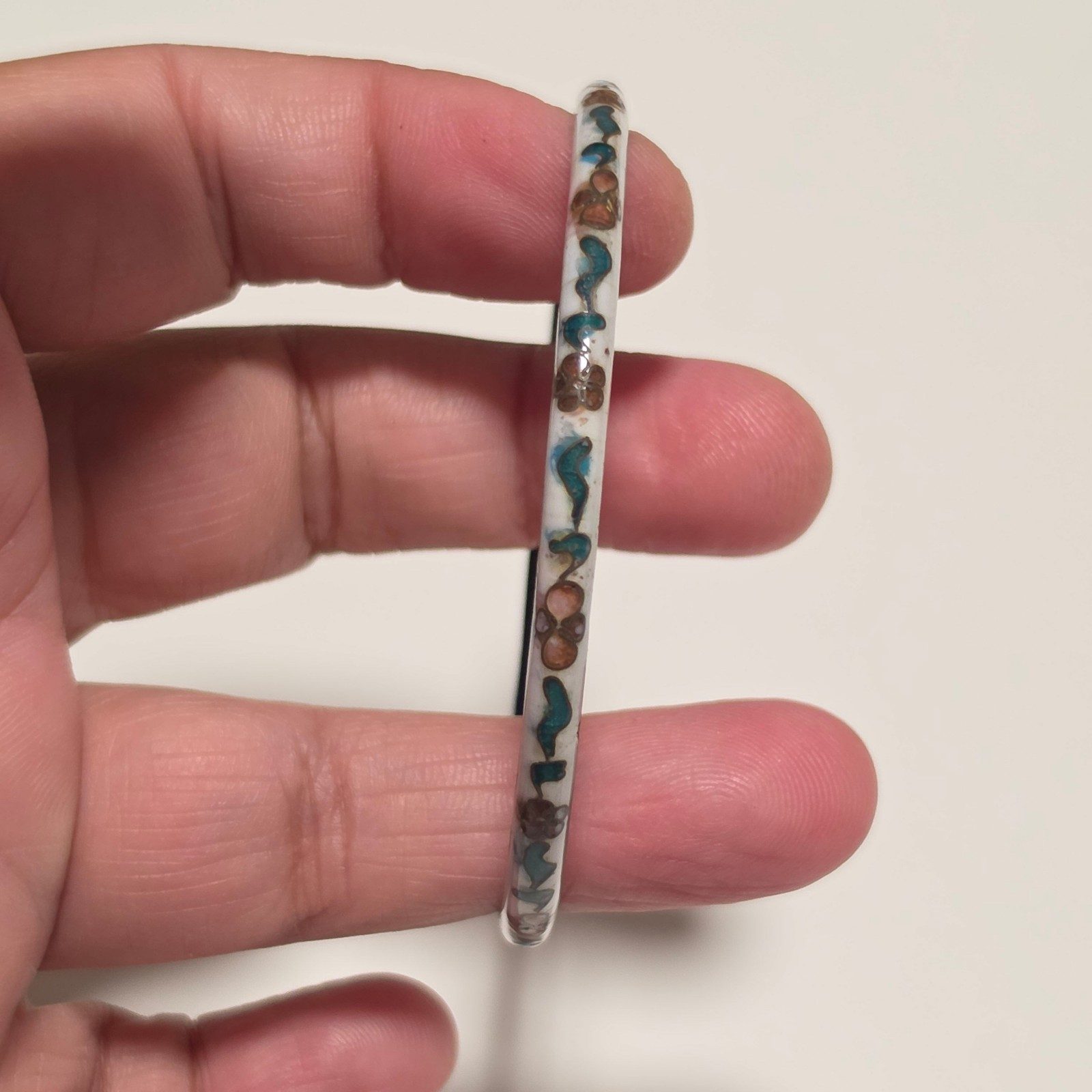Vintage White & Brown Floral Pattern Cloisonné Bangle.b6 image 4