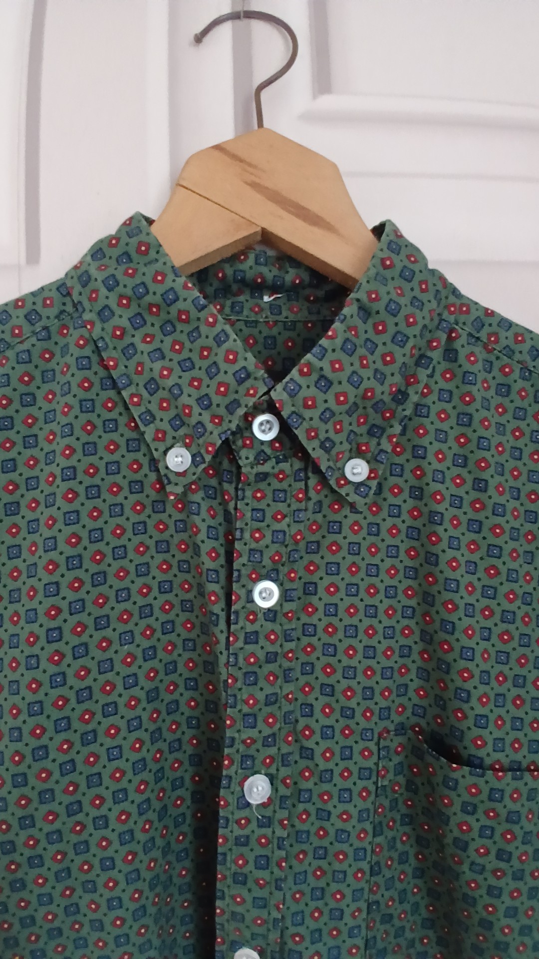 Pop England Green Patterned 100% Cotton Button-Down Shirt Medium