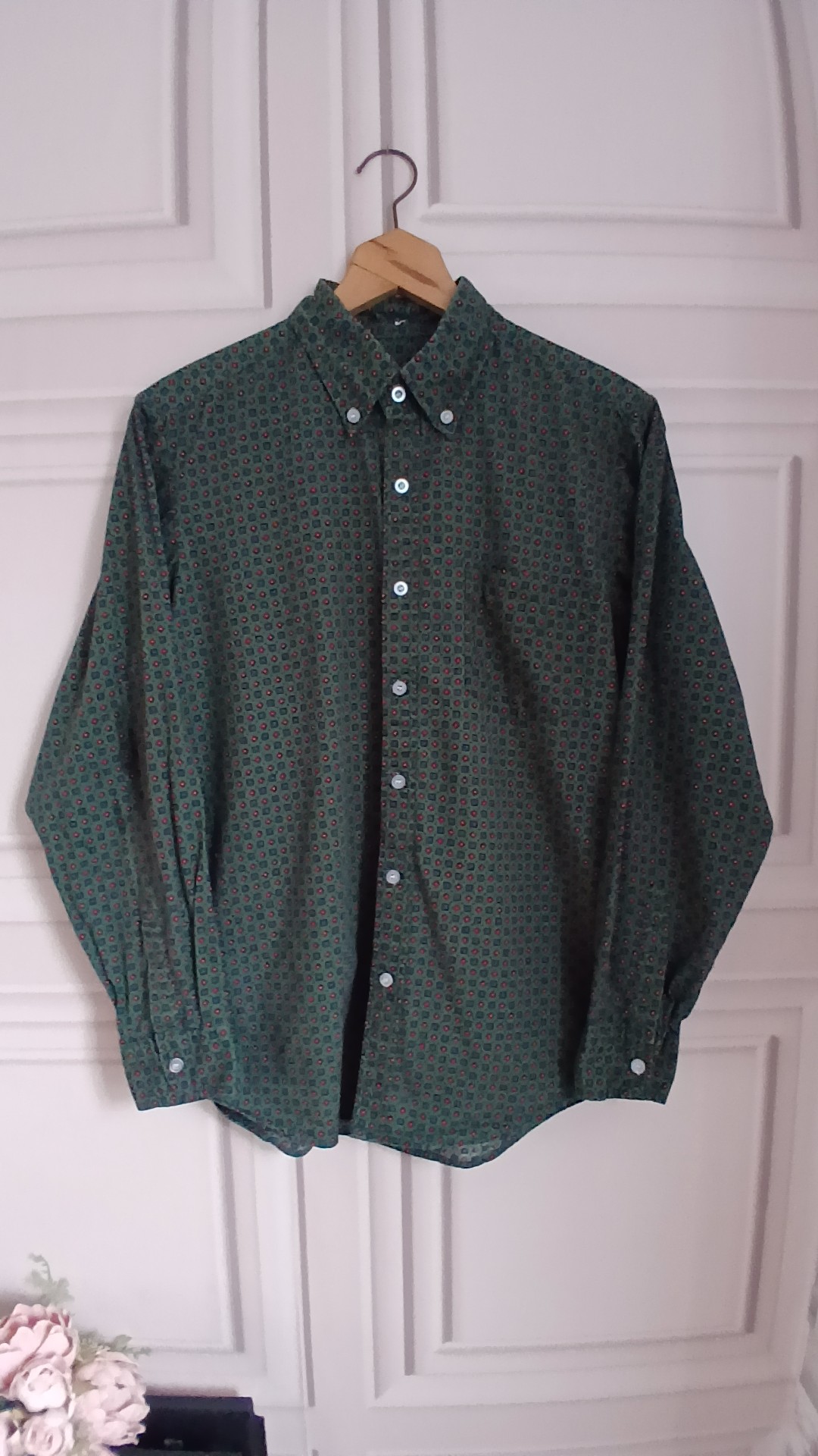 Pop England Green Patterned 100% Cotton Button-Down Shirt Medium image 2
