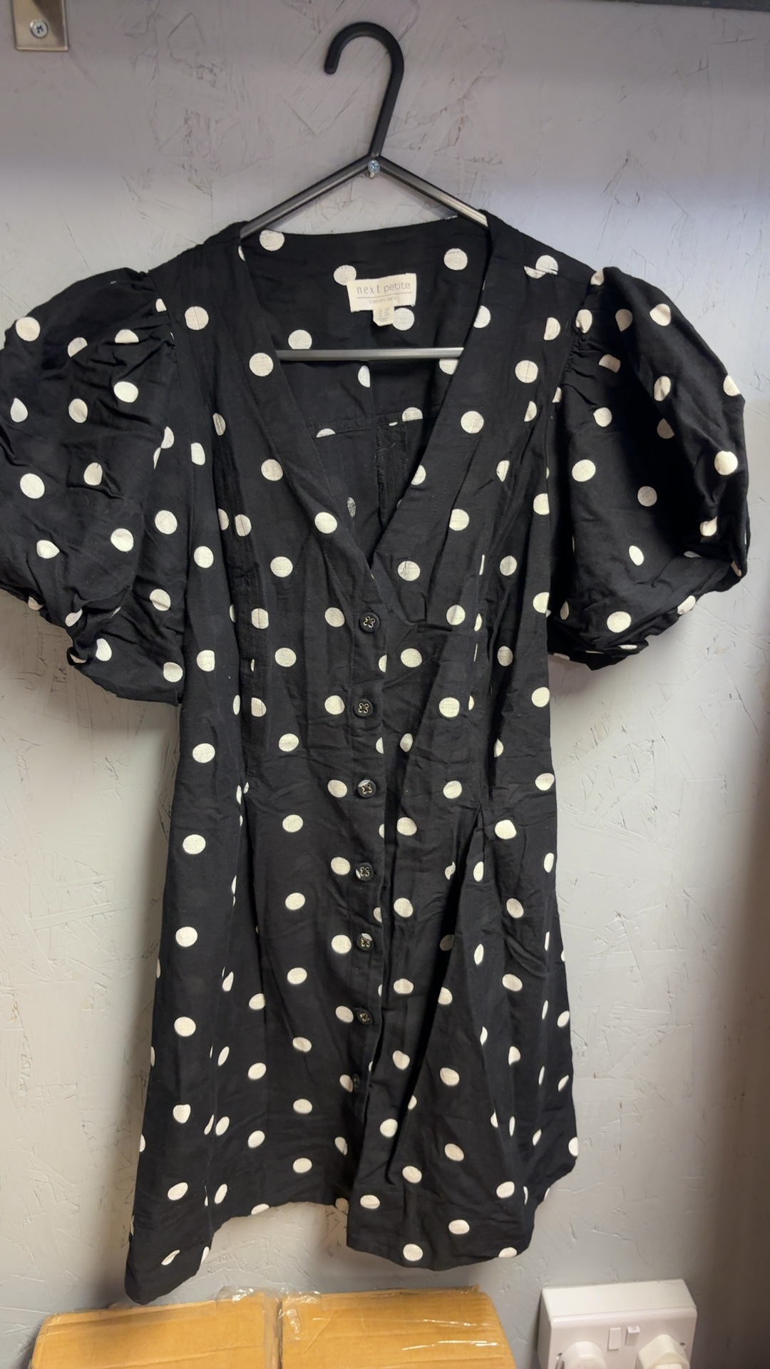 Next Petite Black & White Polka Dot Button Dress UK 14P Linen Blend excellent codition worn once
