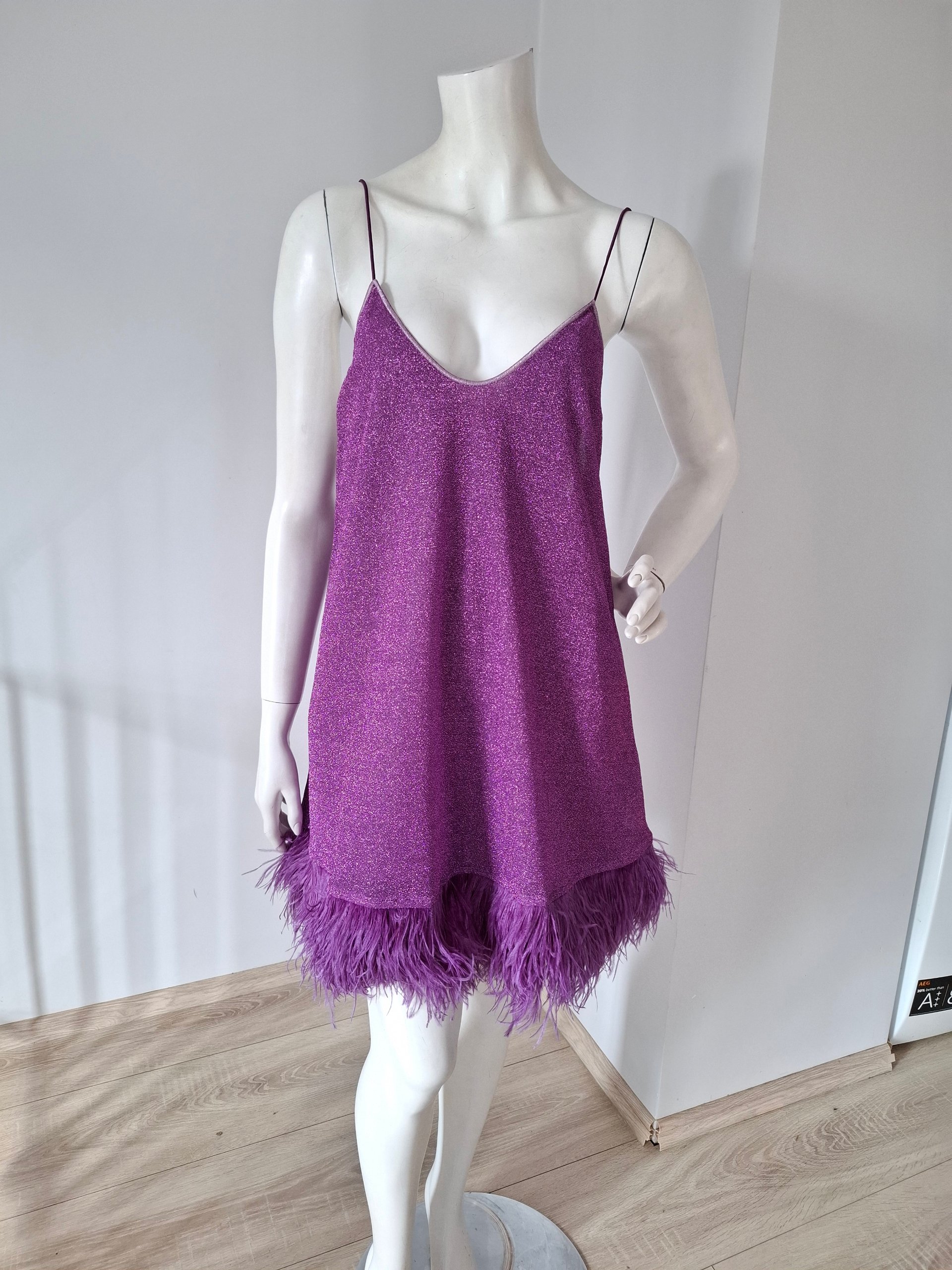 Purple Feather Trim Mini Dress Small Shiny Metallic String Straps