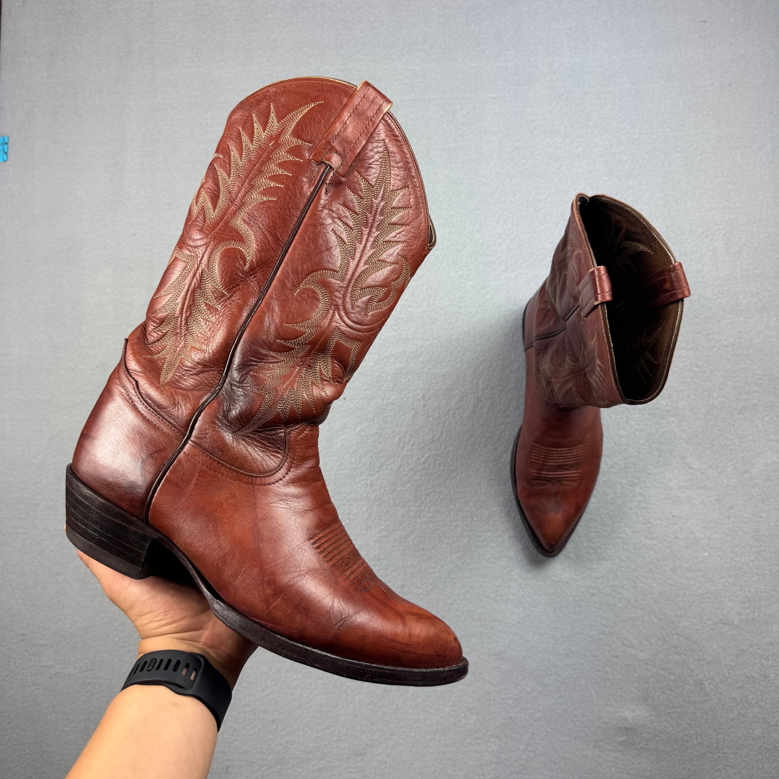 Tony Lama Brown Leather Cowboy Boots Western Stitching Size 43 / 27.5cm