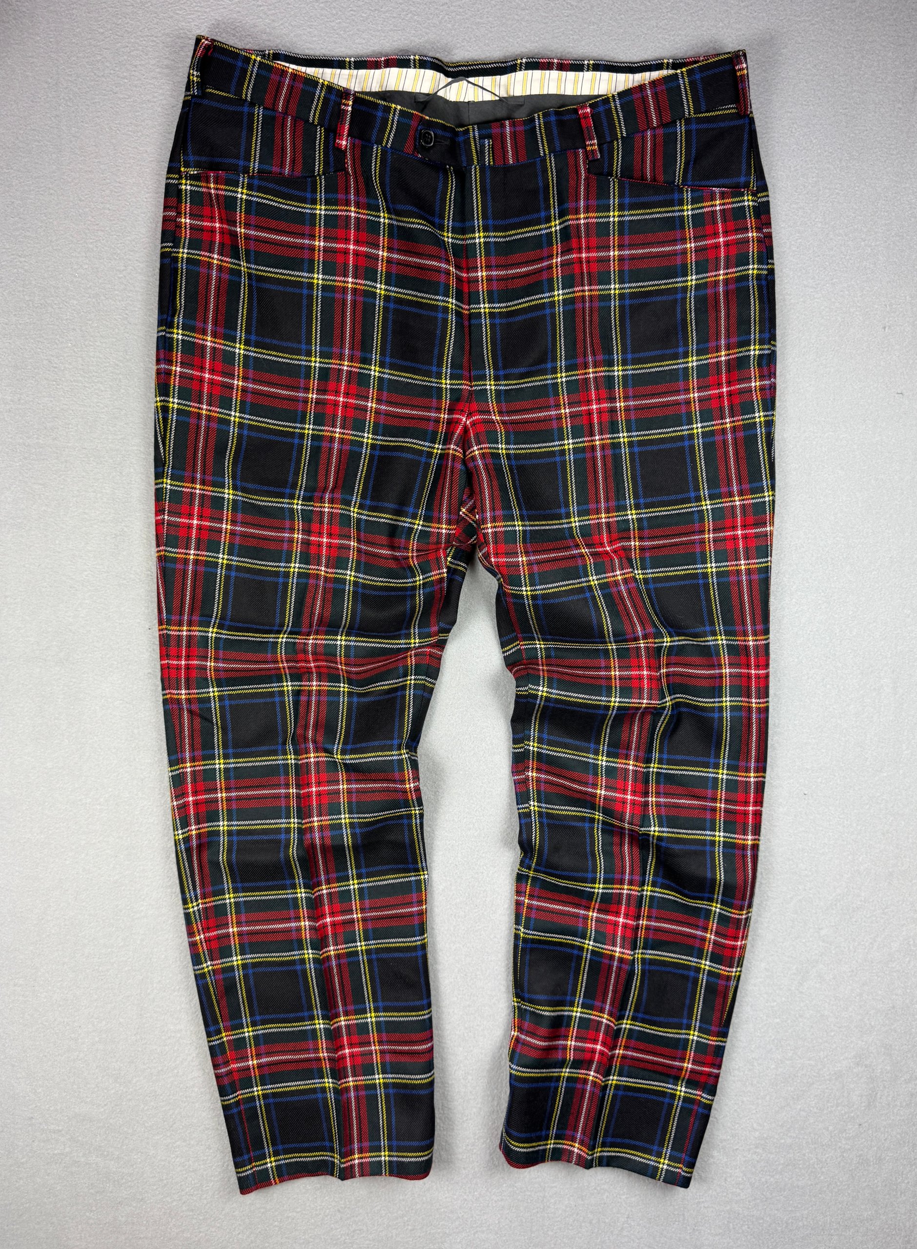 Men`s Ermenegildo Zegna Red Black Tartan Pattern Casual Wool Trousers Size 54R / XL