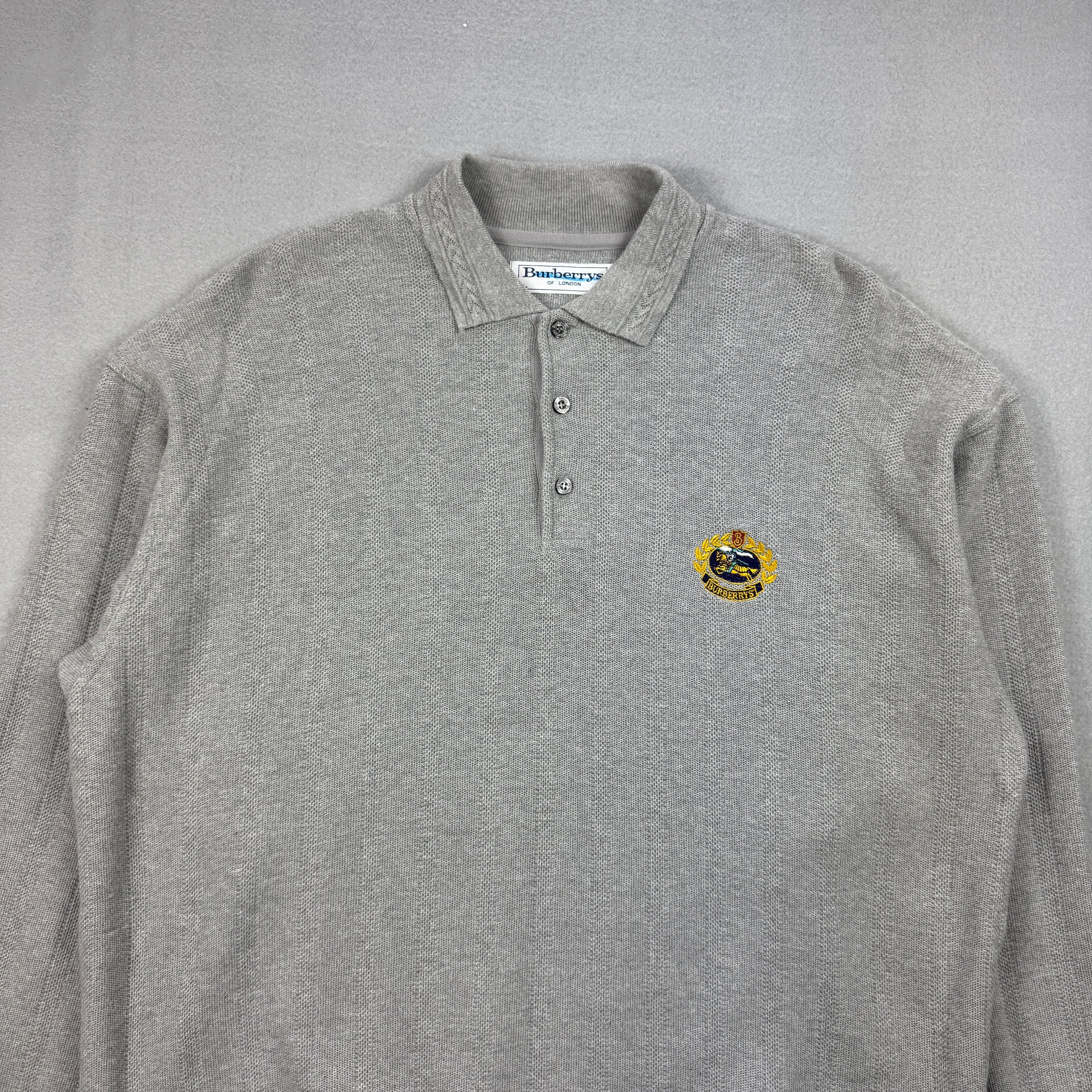 Burberrys Vintage Grey Embroidered Polo Sweater Textured Size L image 3