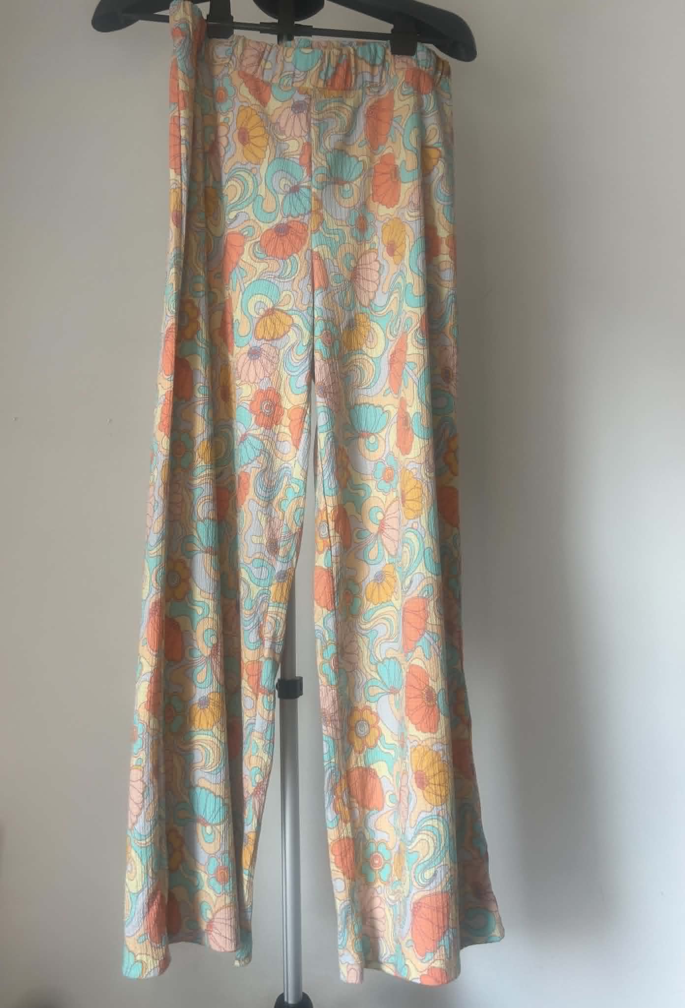 Primark Women's retro wide leg trousers Floral 60's 70's psychedellic pante size Medium 12/14