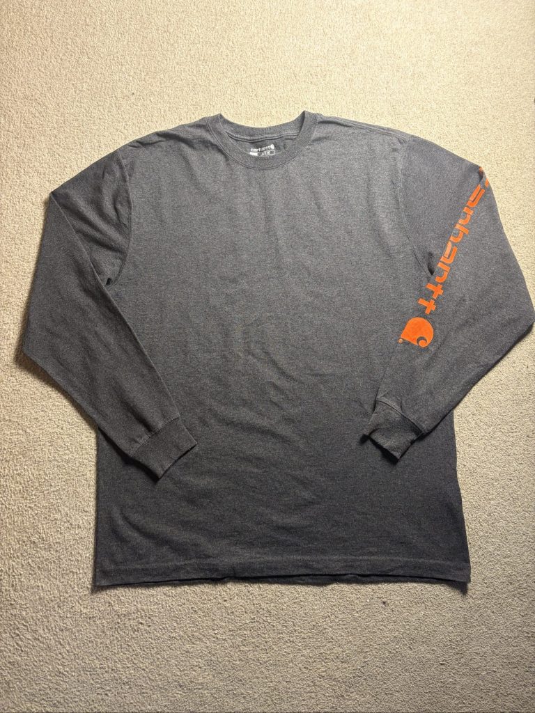 Carhartt Men's Grey Loose Fit Long Sleeve T-Shirt Large Orange Logo