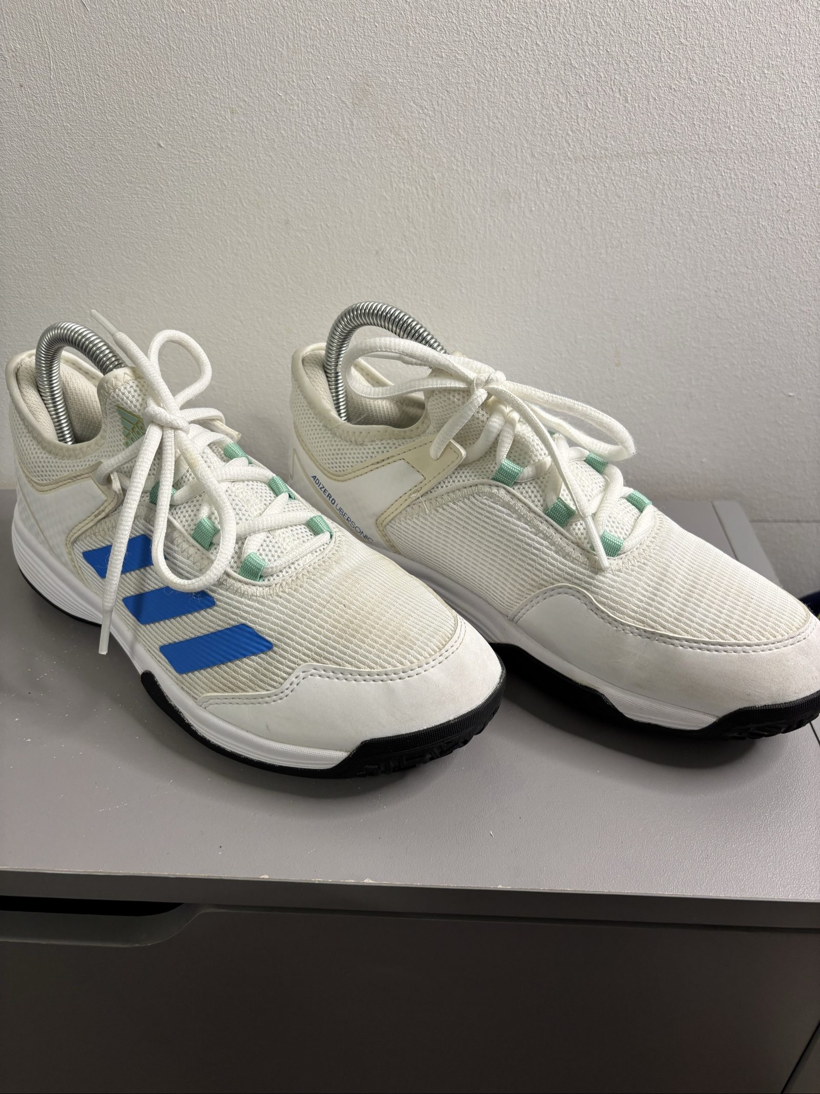 Adidas White & Blue Adizero Ubersonic Trainers UK 4.5