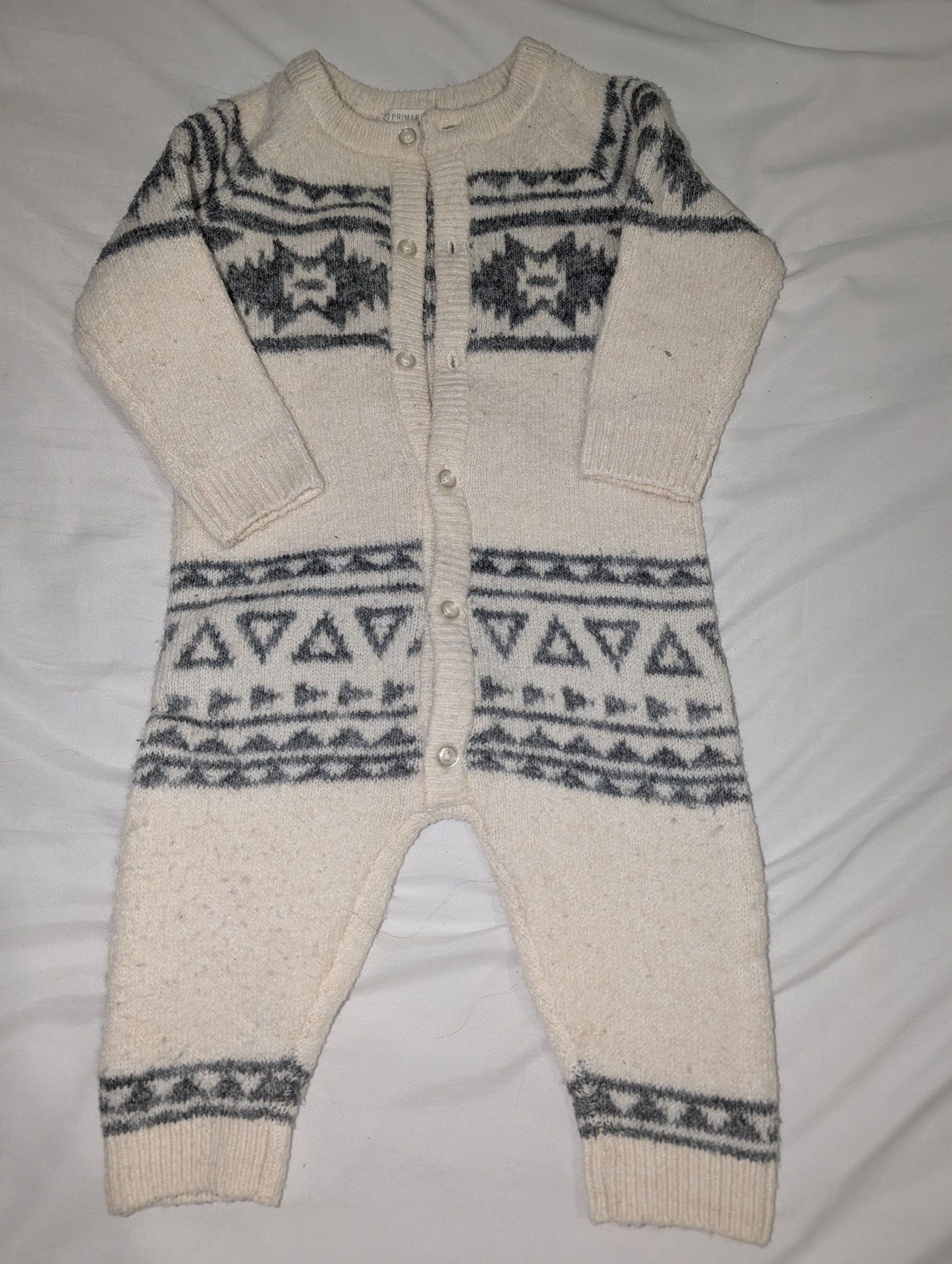 Primark Kids' Cream & Grey Patterned Knit Onesie 6-9 Months