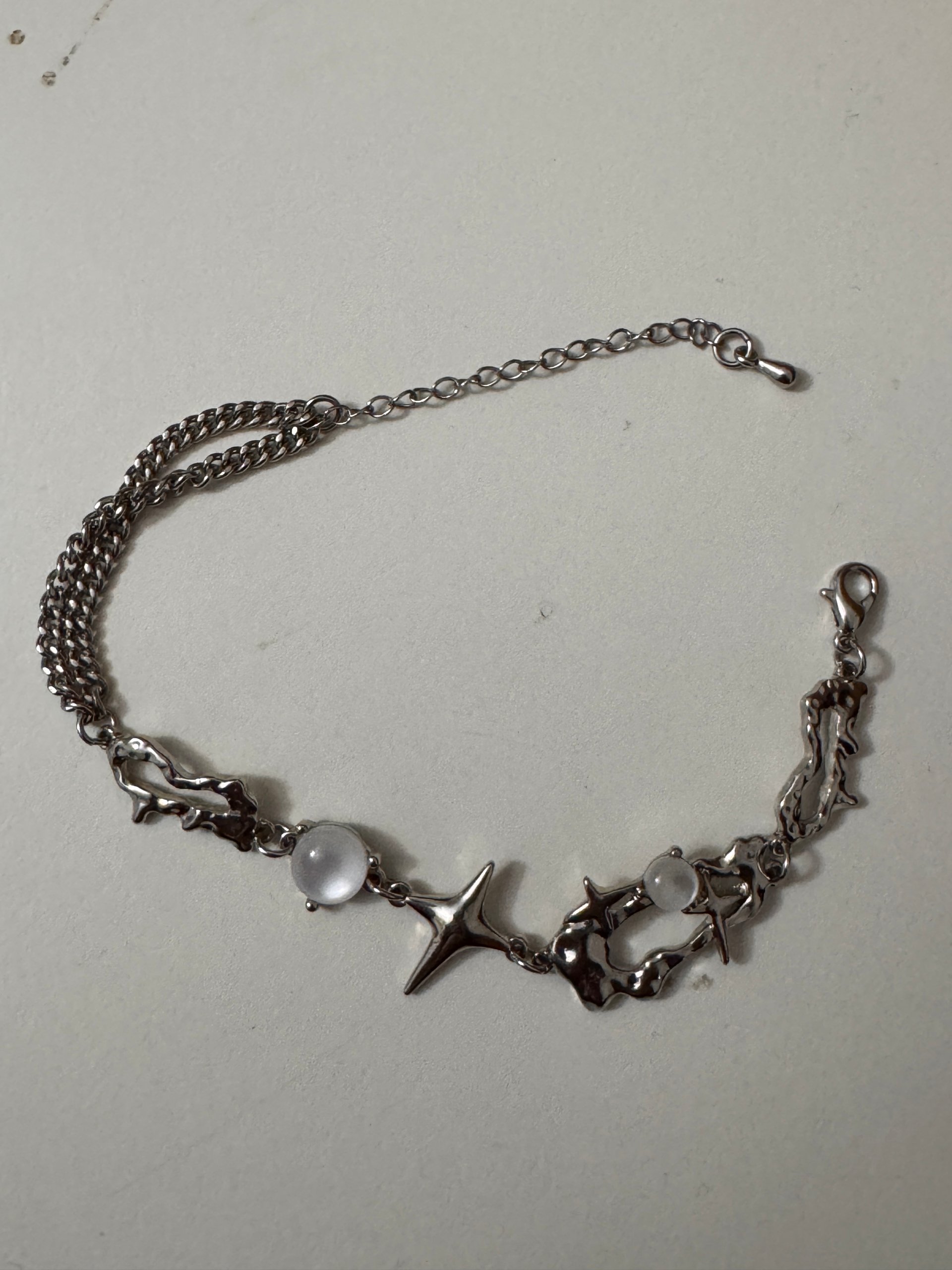 Silver Tone & White Beaded Metal Chain Bracelet Adjustable image 4