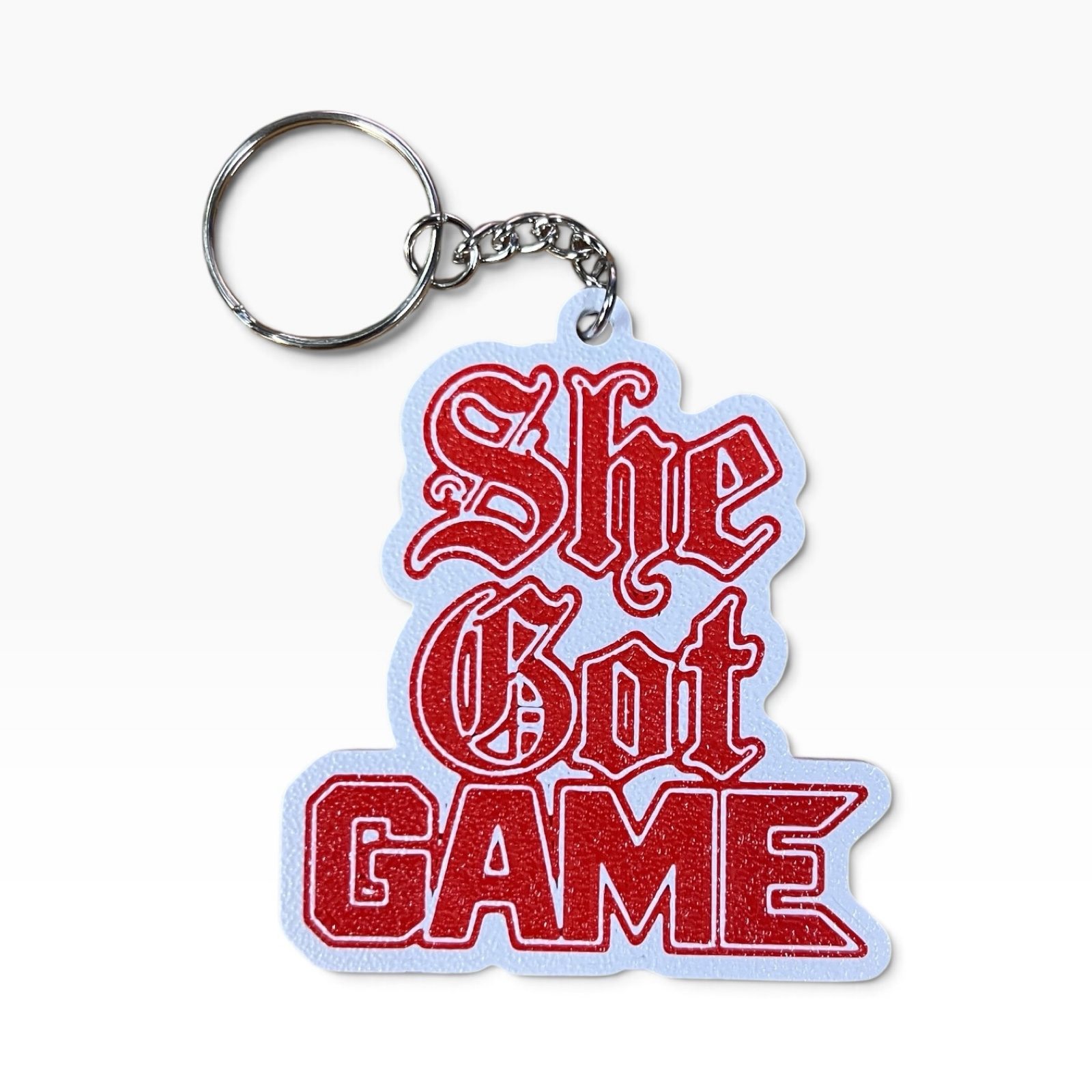 She Got Game 🔥 Red & White Statement Keychain – Hip-Hop Inspired Collectible Accessory