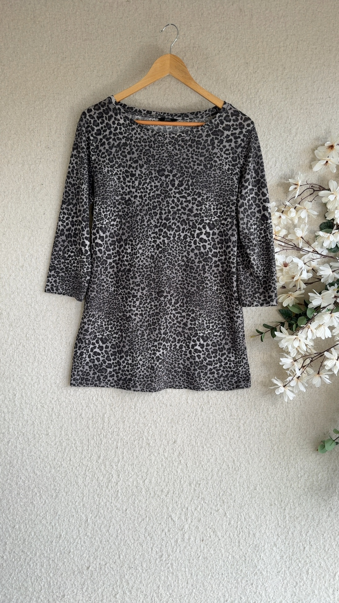 F&F Women's Grey & Black Leopard Print Top UK 16 3/4 Sleeve Casual Tunic