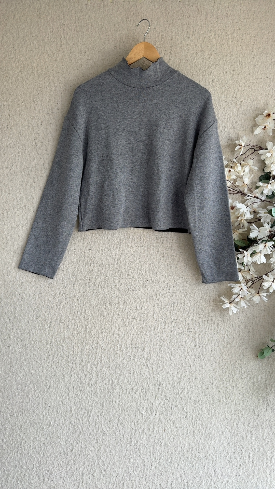 Zara Grey Long Sleeve Cropped Knit Jumper Women's Small Viscose Polyester Nylon
