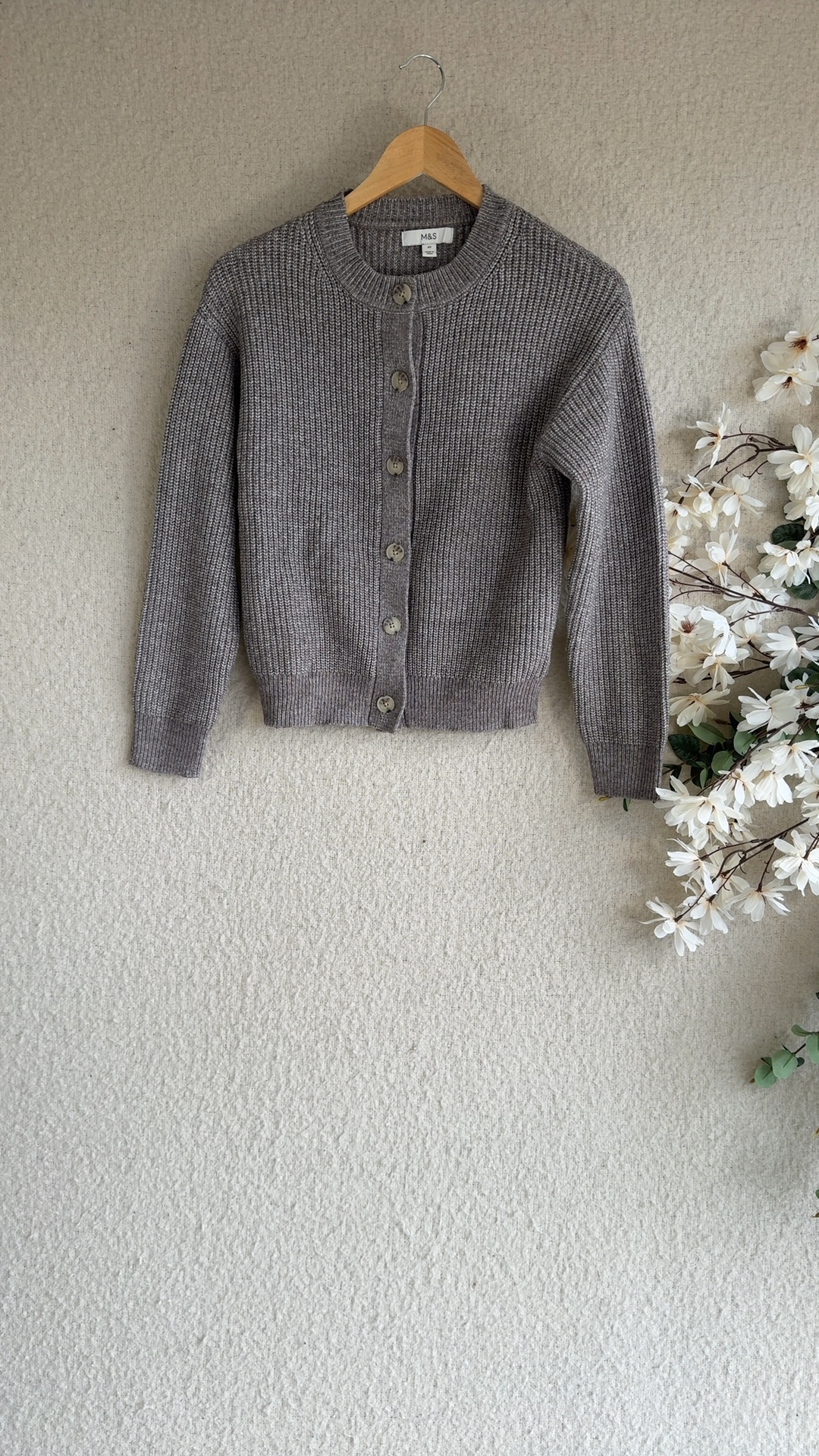 M&S Nutmeg Brown Ribbed Knit Cardigan XS Soft Acrylic Polyester Blend