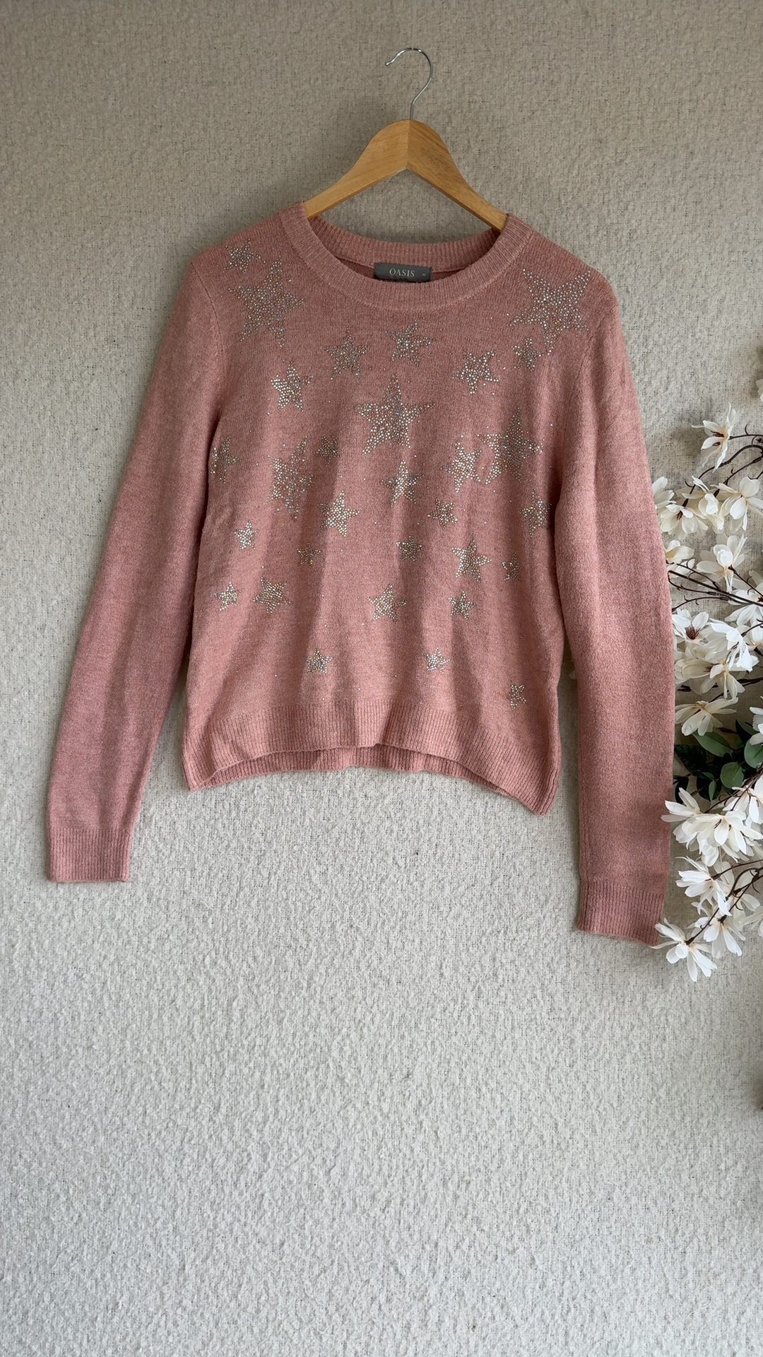 Oasis Pink Embellished Star Knit Jumper Medium Lightweight Casual Winter
