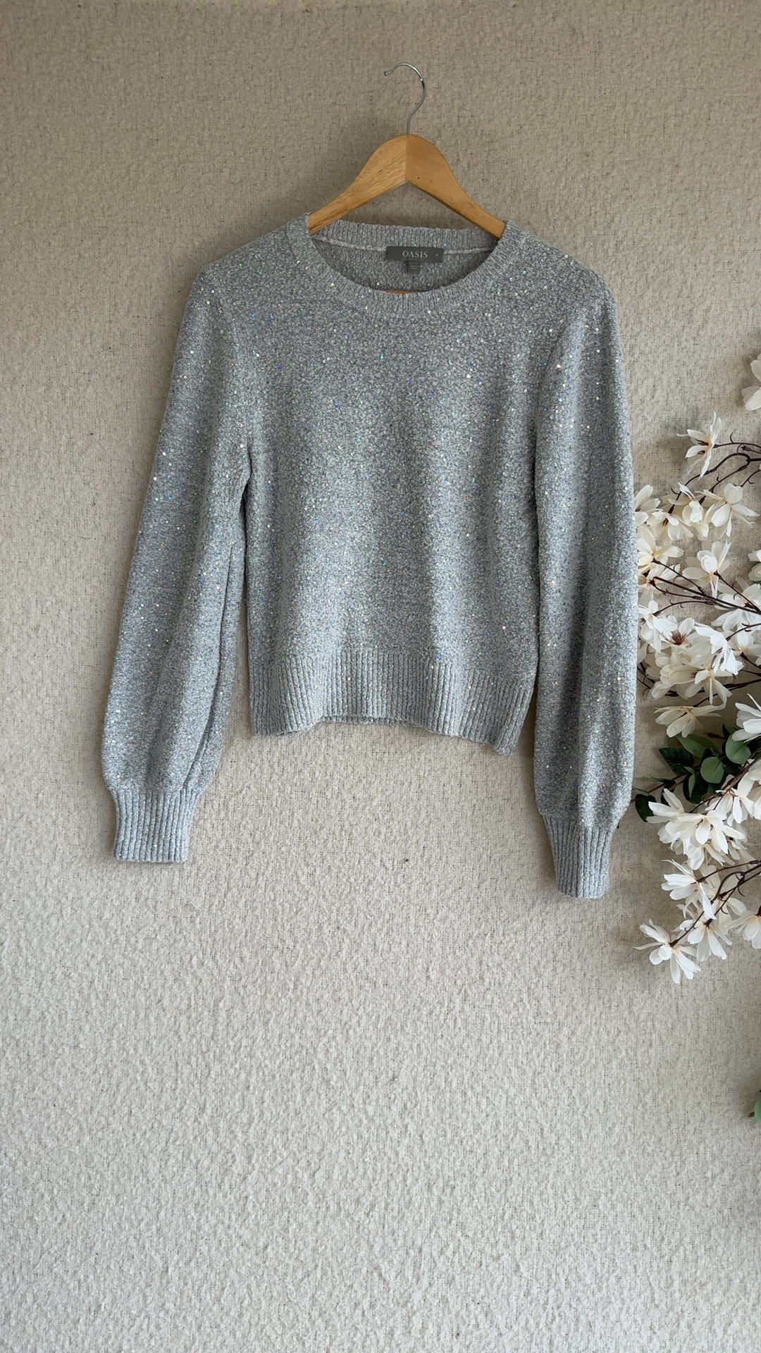 Oasis Grey Sequin Knit Sweater Medium Soft Acrylic Blend Stylish Knitwear