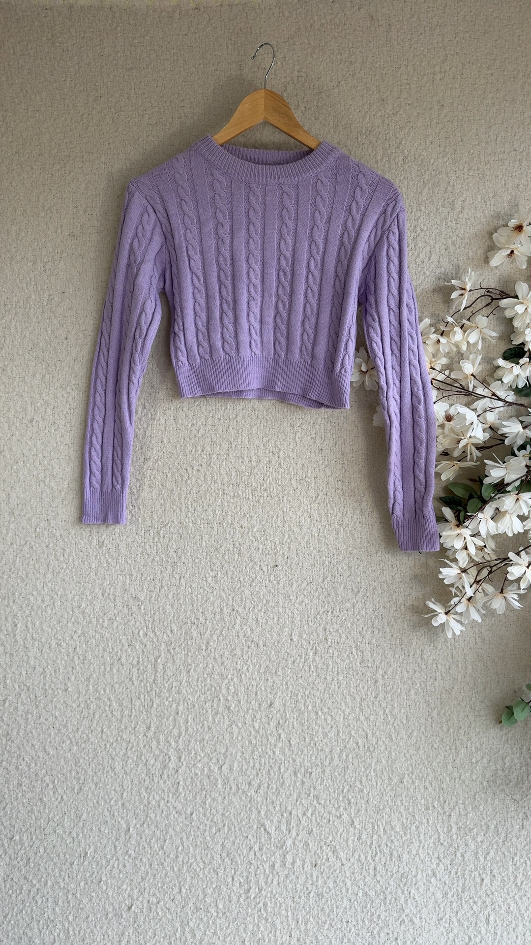 SHEIN Lilac Purple Cable Knit Crop Sweater Medium Acrylic Soft Style