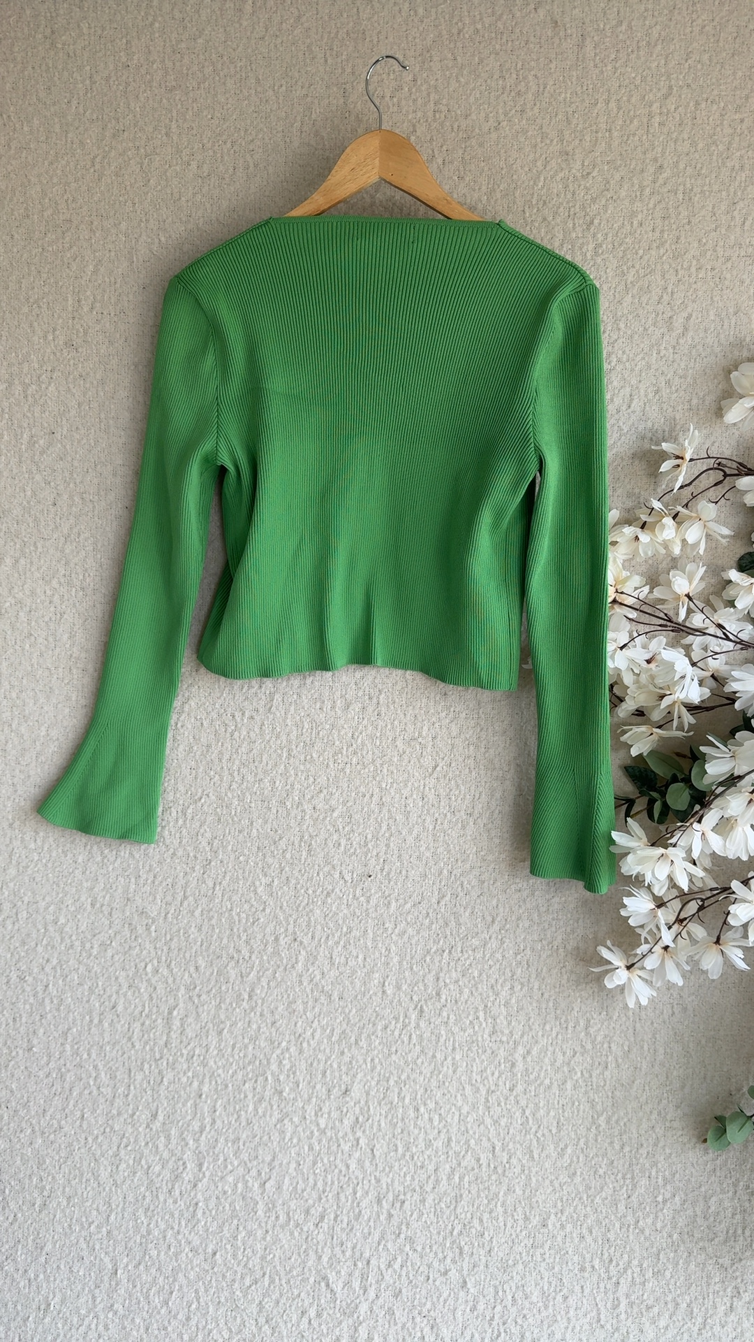 Primark Green Rib Knit Long Sleeve Top Medium UK 12-14 Flared Sleeve image 4